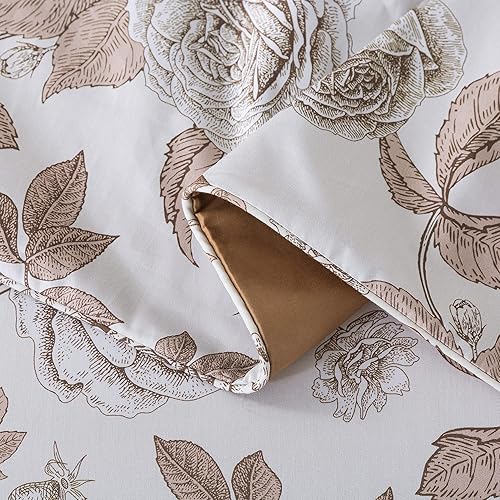 Miniatura 5 de FADFAY Juego de funda de edredón de rosa desgastada, tamaño individual XL, ropa de cama floral vintage blanca y marrón, elegante juego de funda de