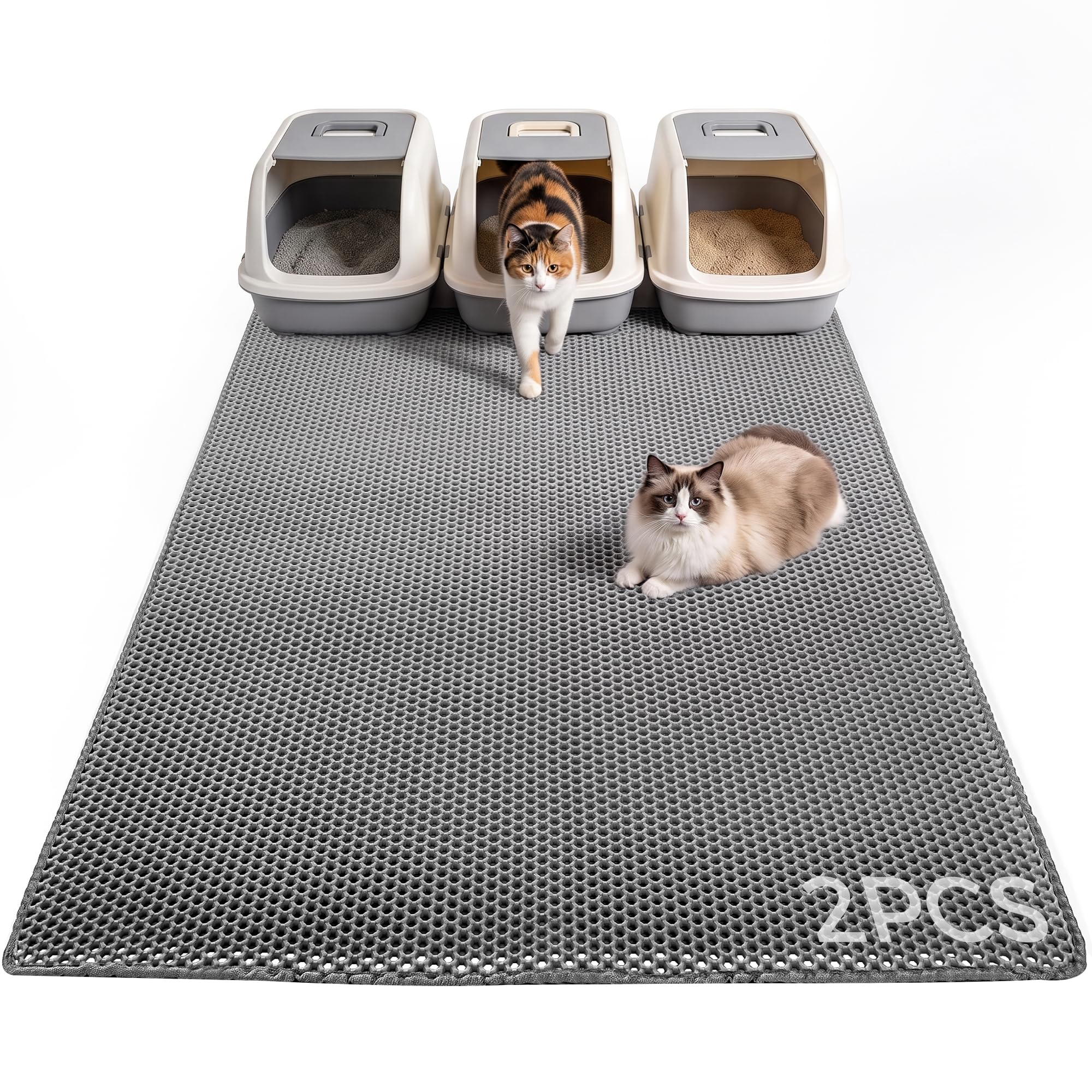 Lot de 2 tapis de litière pour chat de 119,4 x 91,4 cm, tapis de litière XL pour tapis de litière | Grand tapis double couche en nid d'abeille pour chat, anti-urine, doux, facile à nettoyer, à rincer avec de l'eau, gris