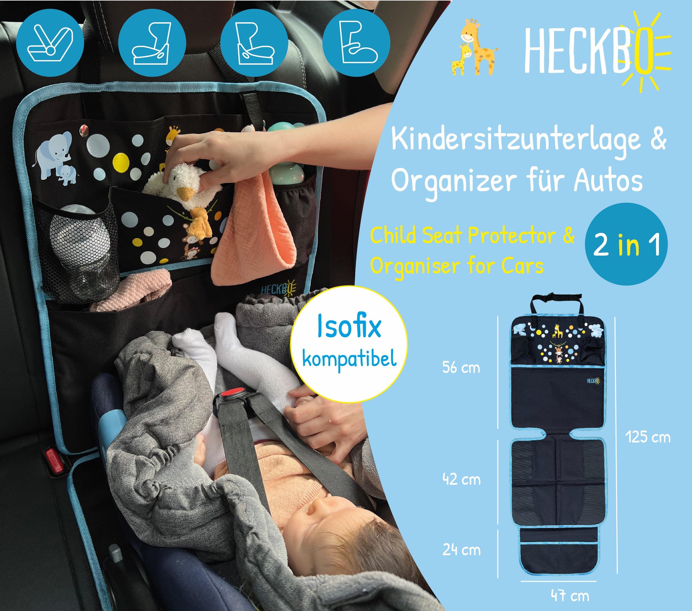 HECKBO Pokrowce na fotele samochodowe dla dzieci - Organizer samochodowy - Baby Tiere Mama - Podkładka z ISOFIX, ochraniacz na siedzenia do ochrony foteli samochodowych, odpowiednia dla wszystkich