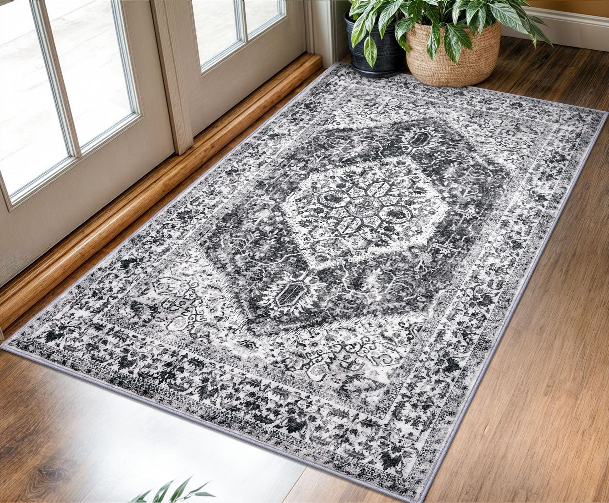 KOZYFLY Boho Area Rug 3x5 Ft Rugs for Entryway Washable Entry Rug Non Slip Door Mat Indoor Entrance Printed Faux Wool Vintage Kitchen Rug Throw Rugs for Kitchen Living Room, Grey โ image 1