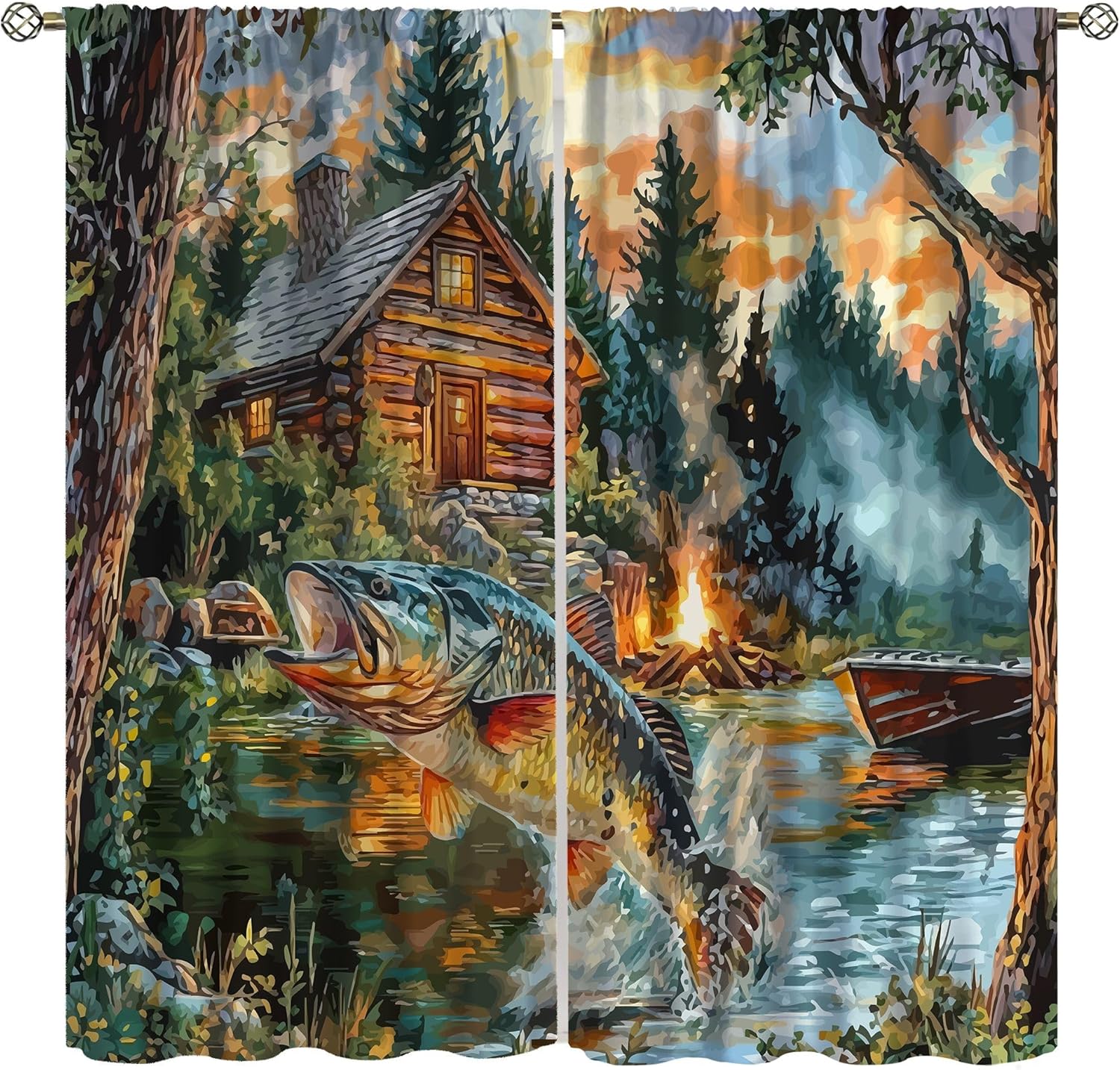 Rustic Fish Blackout Curtains,Vintage Forest Hunting Lodge Bass Fishing Torch Camping Windows Treatments Rod Pocket Drapes for Living Room Bedroom Kitchen 42x45in