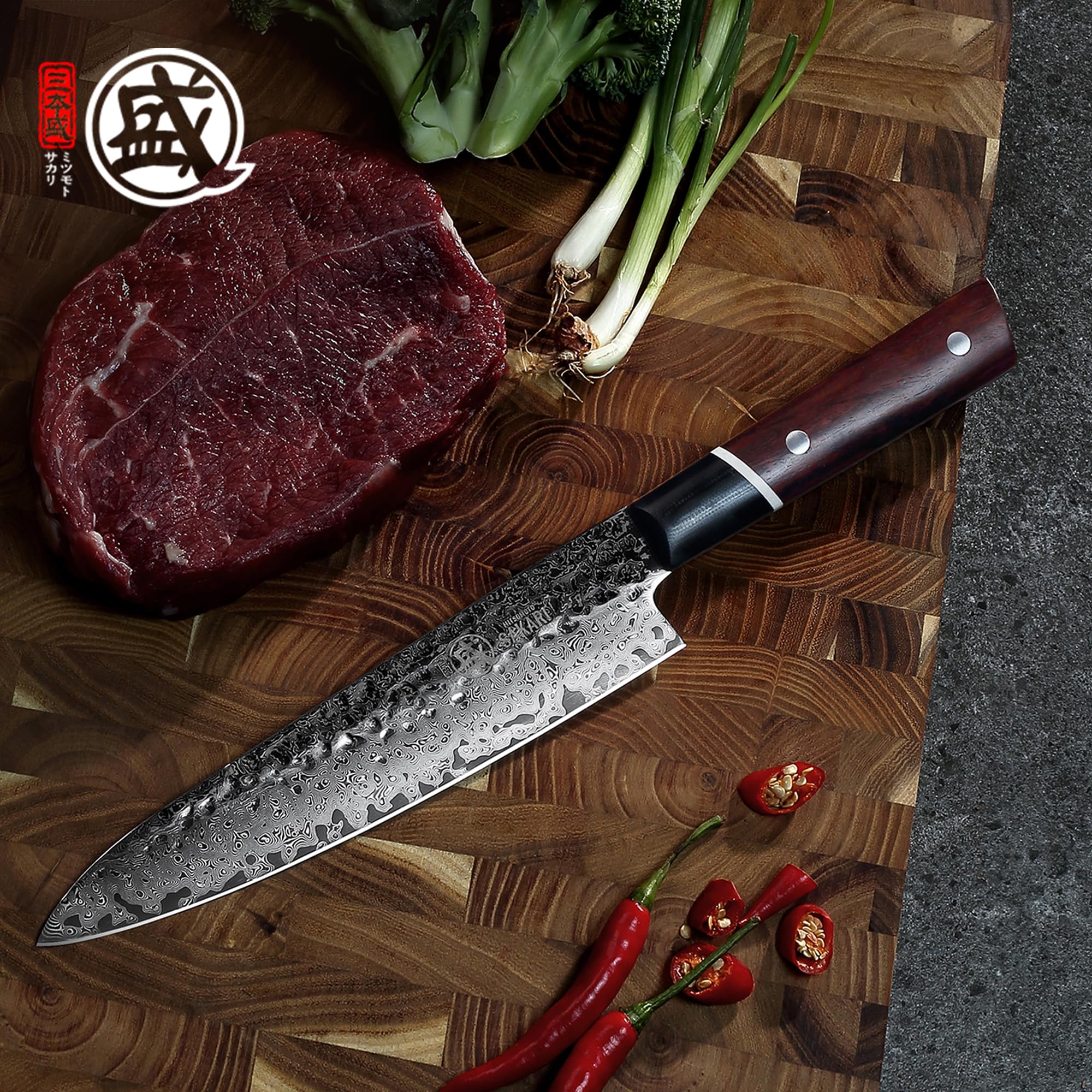 MITSUMOTO SAKARI Coltello da Cucina Gyuto 20 cm S440C in Polvere | Acciaio Damasco a 73 Strati, Coltello da Cucina Giapponese Forgiato a Mano, Manico G10 in Legno di Sangue