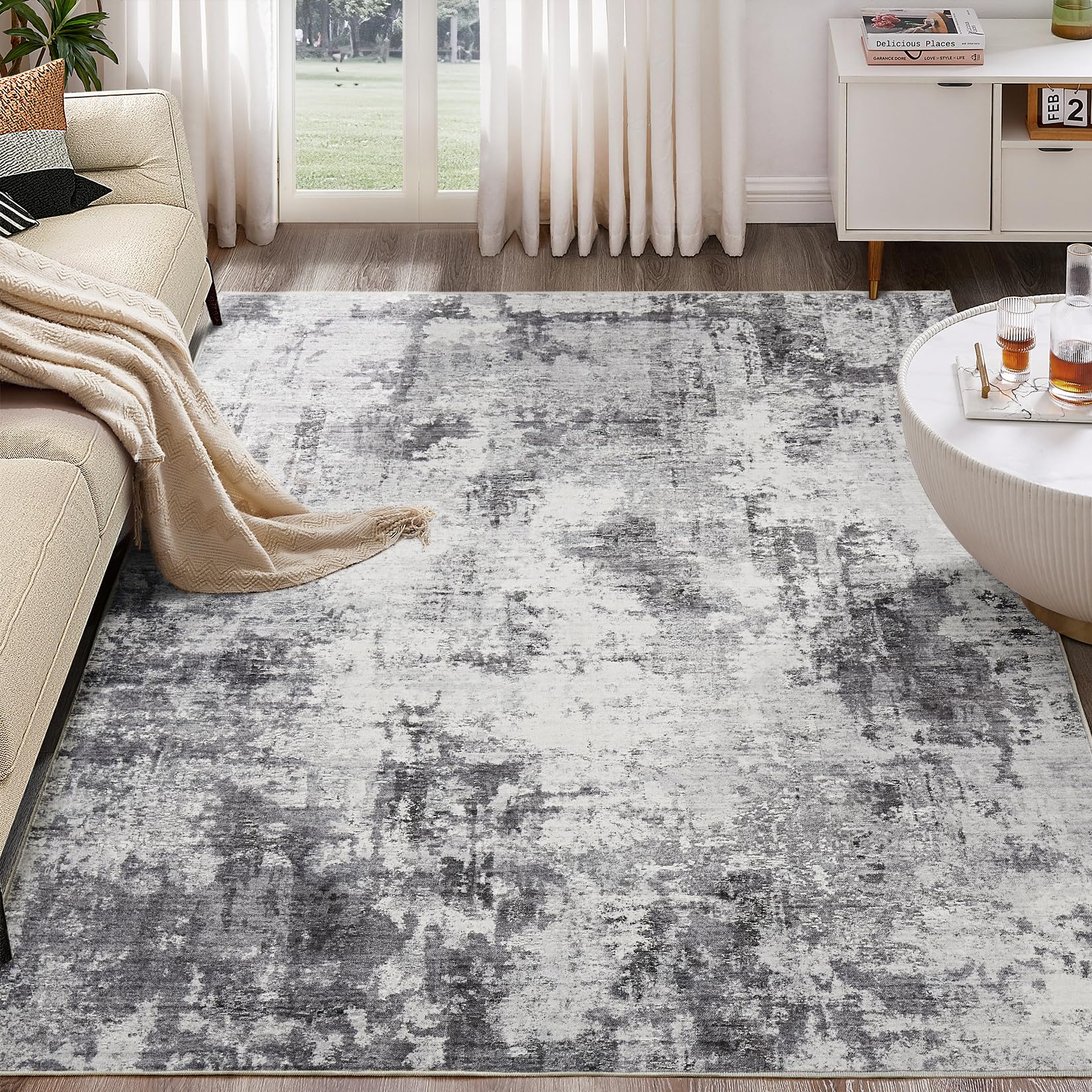 Washable Rug 5x7 Area Rugs: Modern Abstract Neutral Soft Rug for Living Room Bedroom Dining Room Under Kitchen Table Home Office Decor - Grey