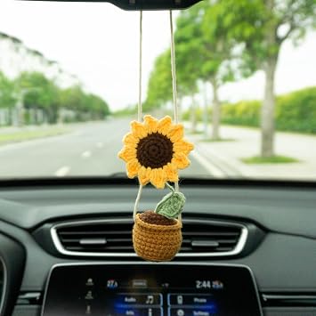 Talataca Sunflower Pot Crochet Car Ornament Cute Handmade Potted Plant Rearview Mirror Accessory, Knitted Hanging Charm, Floral Tree Decor, Gift for Plant Lovers