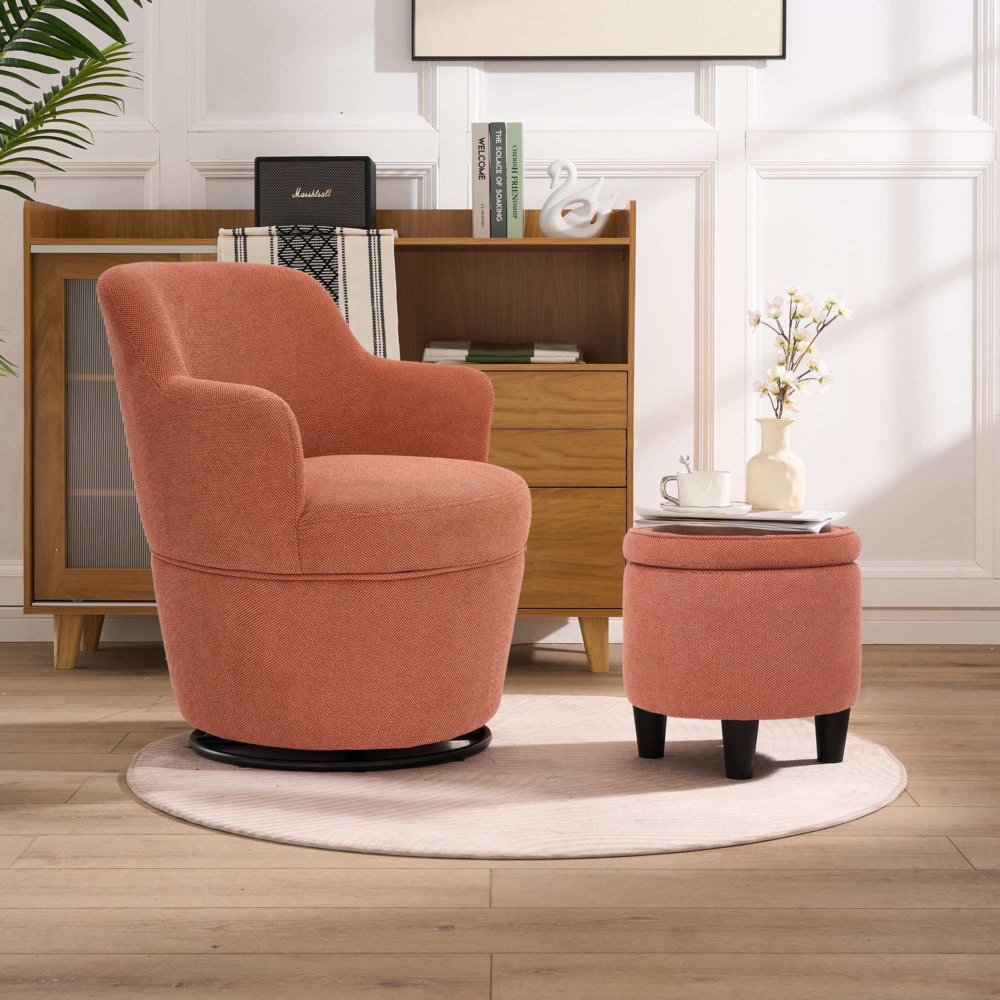 adochr Swivel Accent Chair with Ottoman, Fabric Small Barrel Chair with Footstool, Modern Round Bedroom Chair for Living Room, Orange