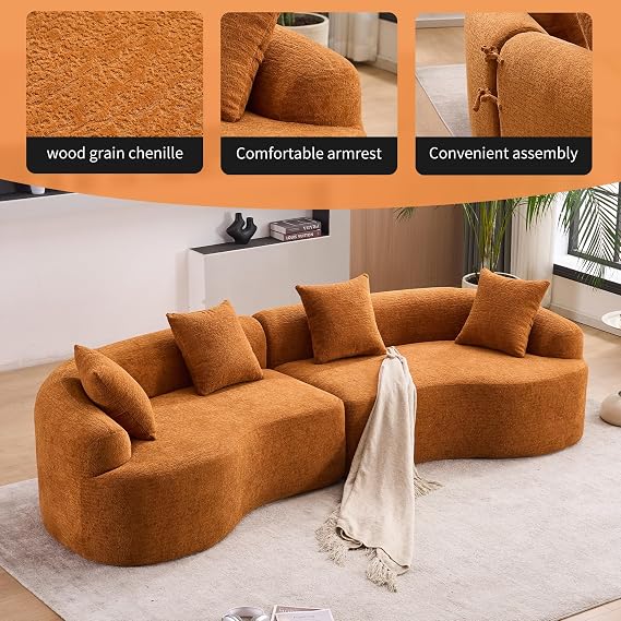 Orange Curved Modular Sofa, 30D High-Density Chenille Compression Sleeper for Apartment Living Room,Orange