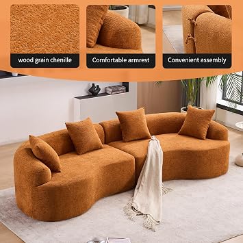 Orange Curved Modular Sofa, 30D High-Density Chenille Compression Sleeper for Apartment Living Room,Orange