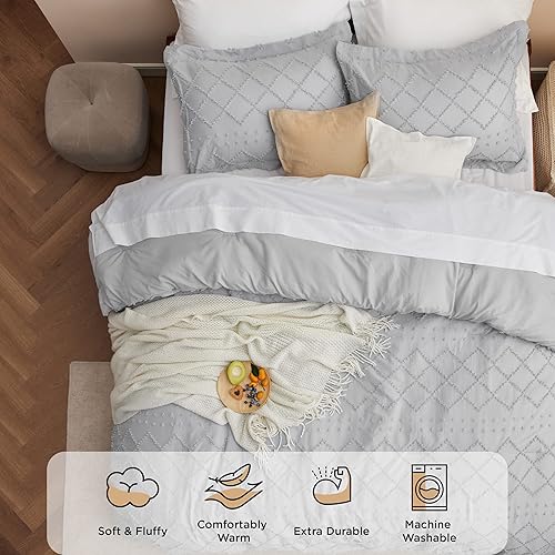 Miniatura 3 de Bedsure Juego de edredón tamaño California King, edredón gris claro, juego de ropa de cama bohemio desgastado chic, juego de ropa de cama de 3