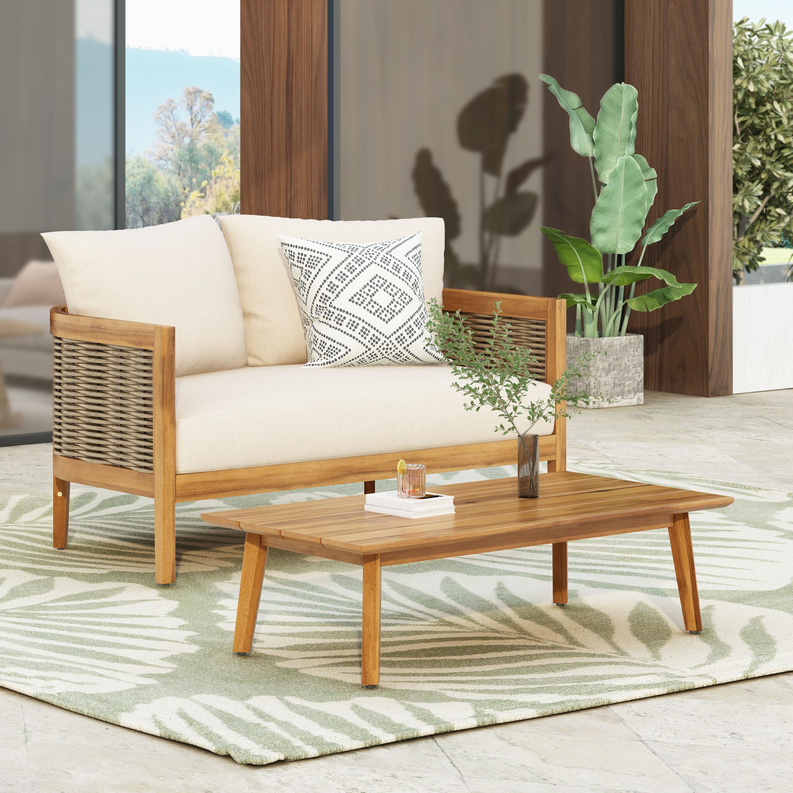 Kayiz - Juego de conversación de madera de acacia para patio, sofá biplaza al aire libre con mesa auxiliar, grupo de asientos para terraza de patio, detalles de ratán de 2