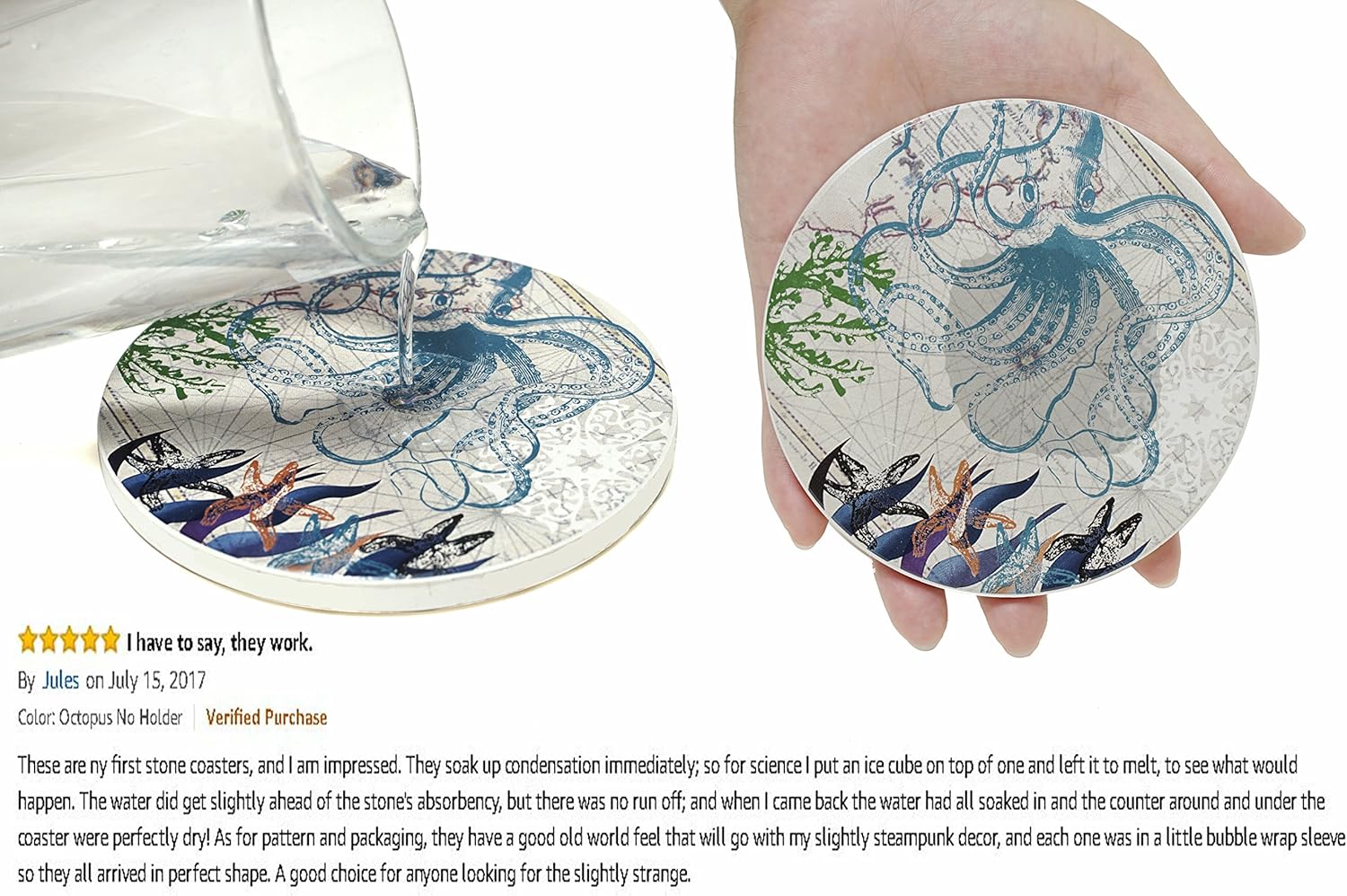 Amazing 🔥 ENKORE Coasters Set of 6 - Absorbent Ceramic Stone Keep Spill Off Table, Coaster for Drinks in Vibrant Colors and Cork Back Pad - Octopus On World Map Novelty Design with NO Holder