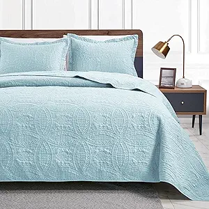 Love's cabin California King Size Quilt Set Spa-Blue Bedspreads - Soft Summer Lightweight Polyester Bedspread- Modern Style Coin Pattern Coverlet for All Season - 3 Piece (1 Quilt, 2 Pillow Shams)