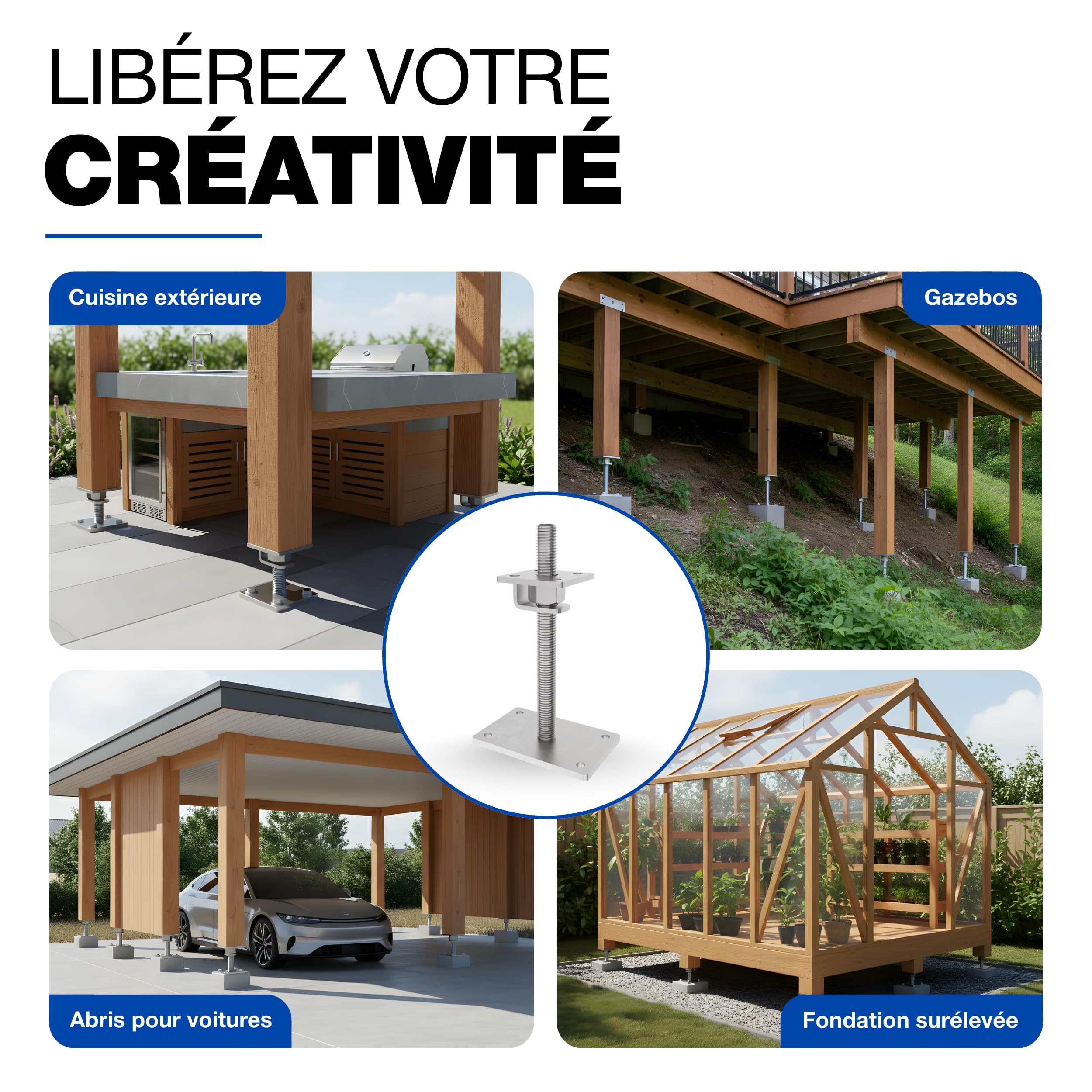 GeZu Impex Support de poteau Galvanisé à chaud 100 x 100 mm hauteur reglable platine bois pied poteaux clôture