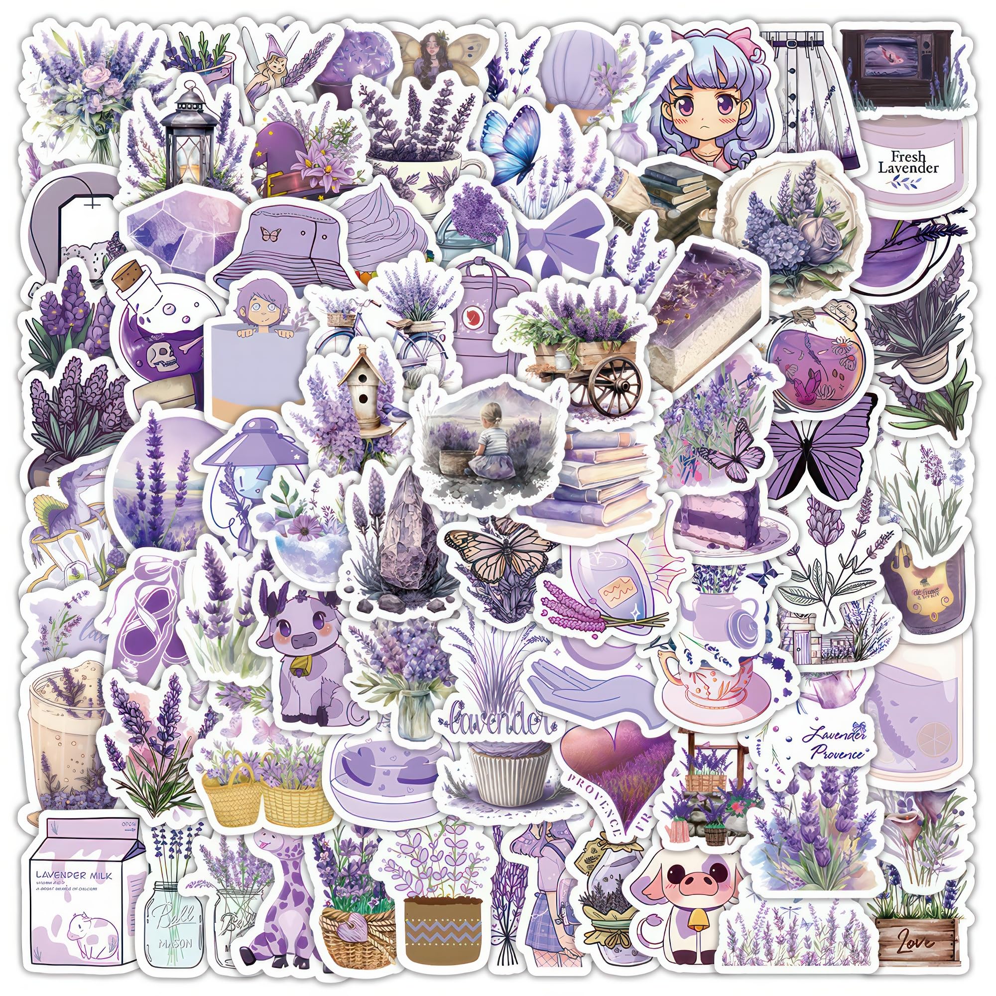 100Pcs Lavender Stickers Aesthetic Floral Decals | Purple Flower Sticker Pack for Water Bottles, Journals, Laptop, Phone, Scrapbooking and DIY