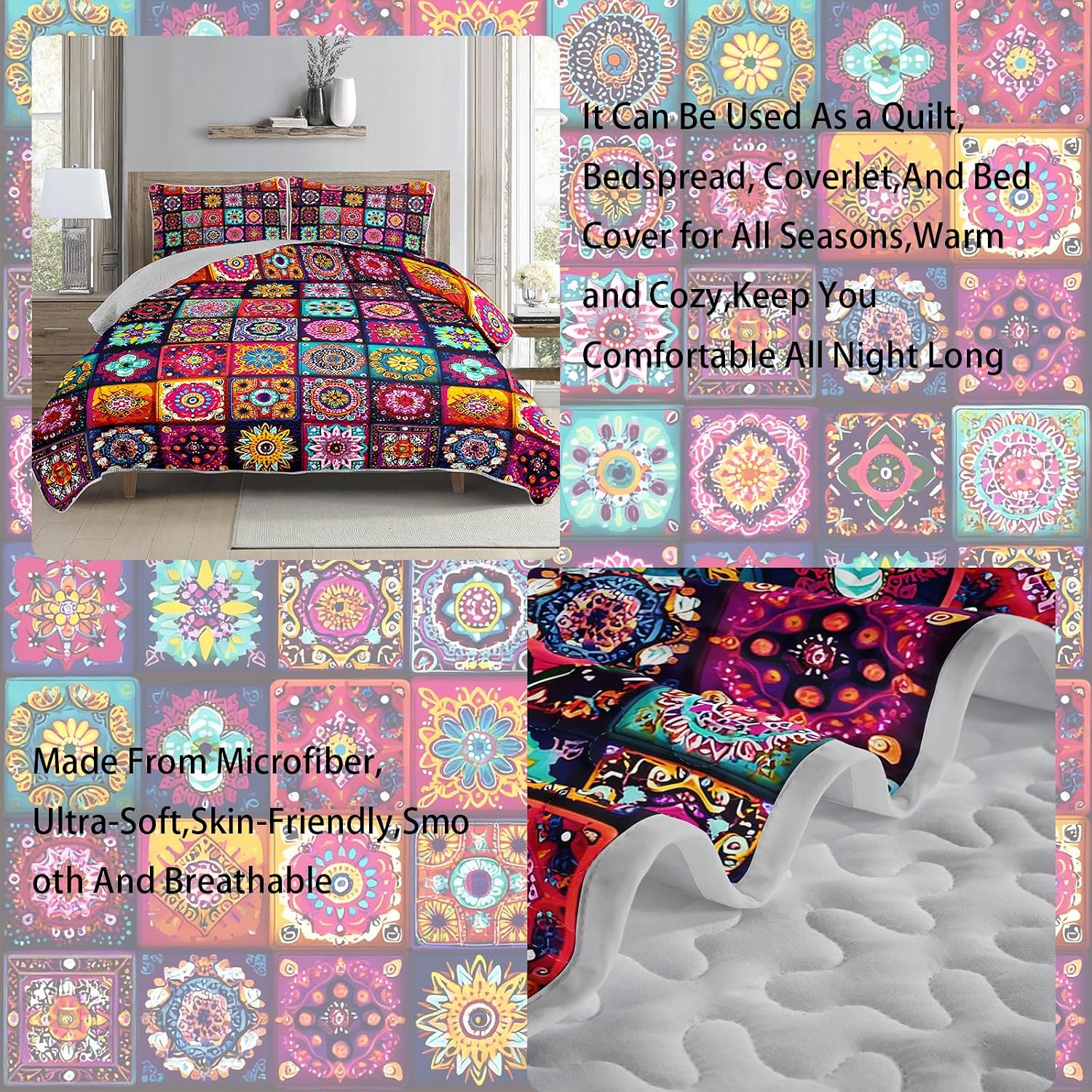 AILONEN Boho Floral Quilt Set Twin Size, Colorful Mandala Bohemian Ethnic Flower Bedspread Coverlet,Microfiber Bed Cover 3Pcs,2 Pillowcases