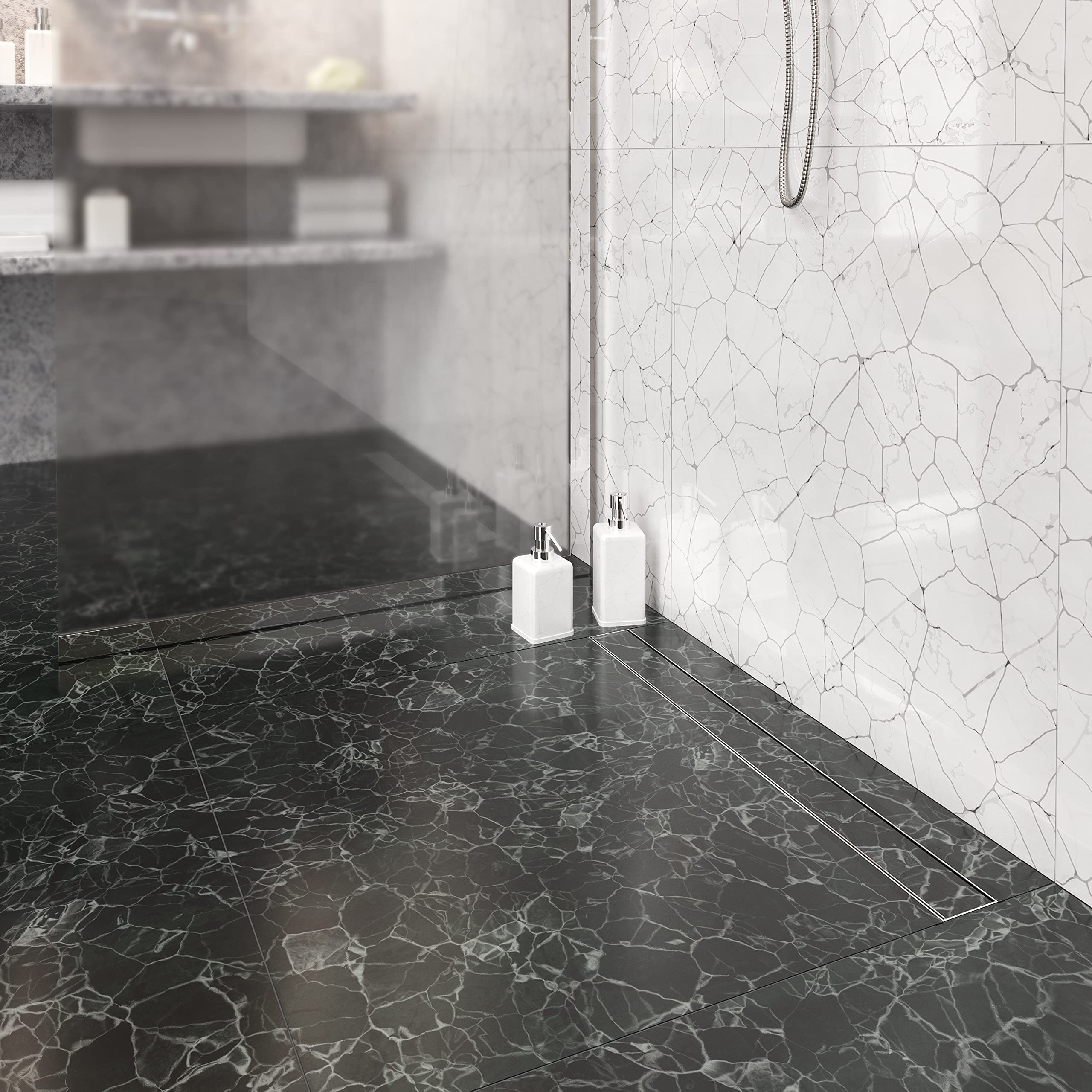 SET completo - Canalina Doccia lucida 120 cm AQUABAD® SDS Premium in acciaio inox, incluso il setaccio per capelli, Domoplex l'uscita orizzontale, il coperchio piastrellabile e il set di base