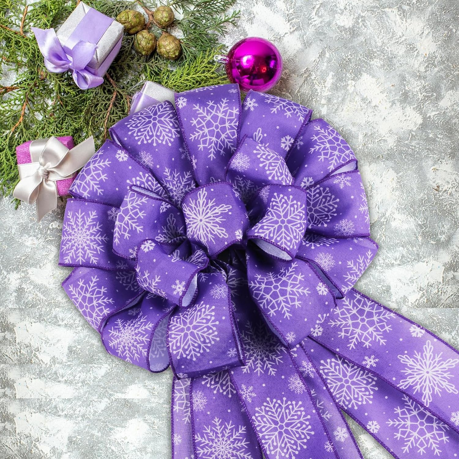 Purple Snowflake Christmas Tree Topper Bow, Xmas Treetop Wreath Bows with Streamers Wired Edge Ribbon Ornaments, Christmas Winter Holiday Snow Party Indoor Outdoor Home Decor