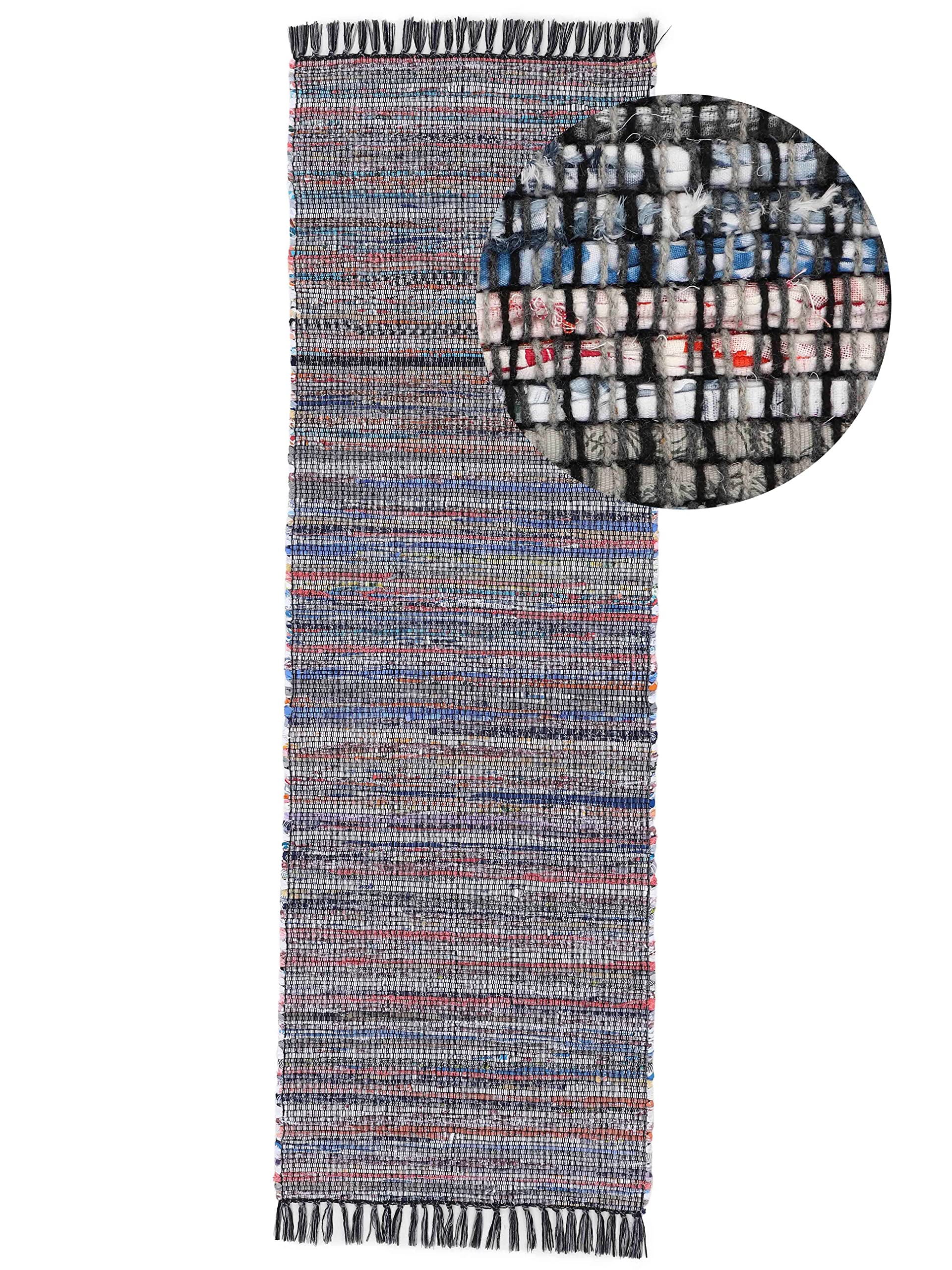 carpetfine Flickenteppich Kelim Chindi Läufer schwarz 80x300 cm | Fleckerlteppich aus Baumwolle für Wohnzimmermit Fransen