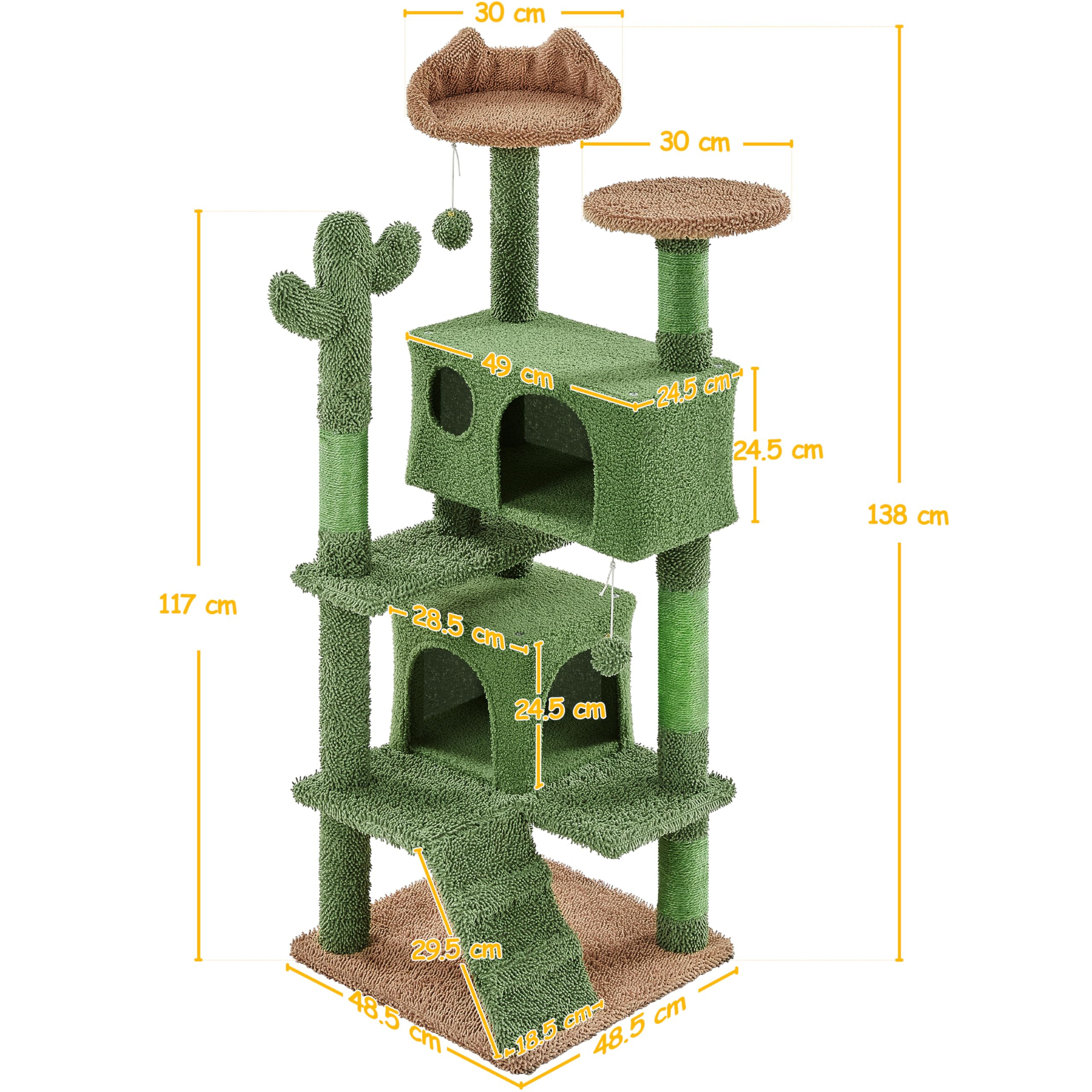Yaheetech 138 cm Kratzbaum Kaktus Katzenbaum mit Katzenleiter & 2 Höhlen | Kaktusform | Mopp- & Teddy-Plüsch | FSC-zertifizierte Spanplatten | mit Kippsicherung | mit 4 Kratzsäulen & 2 Plattformen