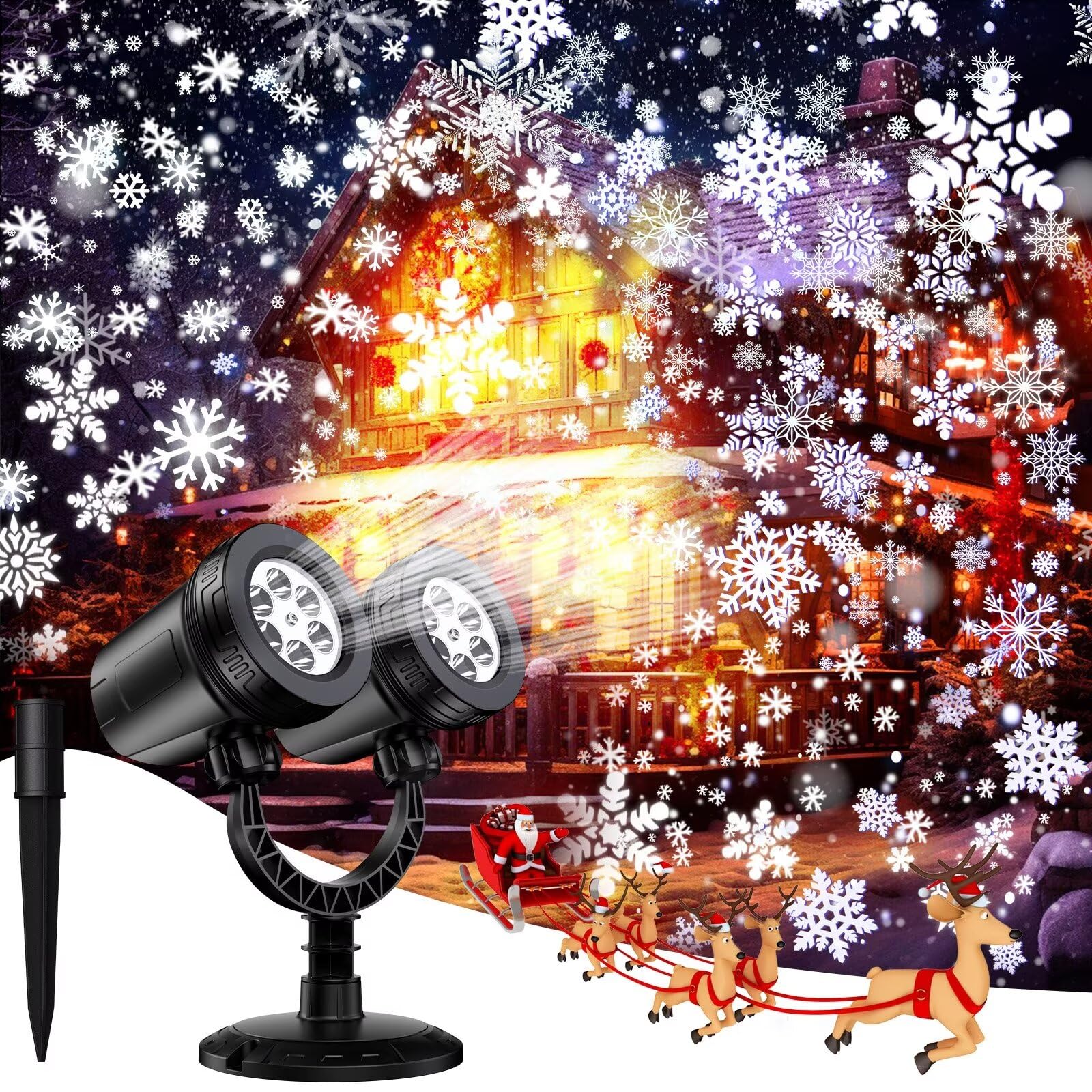 Projektor Weihnachten Aussen, LED Projektor Doppelter Kopf Dynamische Schneeflocken, Weihnachtsdeko Aussen, IP65 Wasserdicht Weihnachtsbeleuchtung, außen für Garten Party