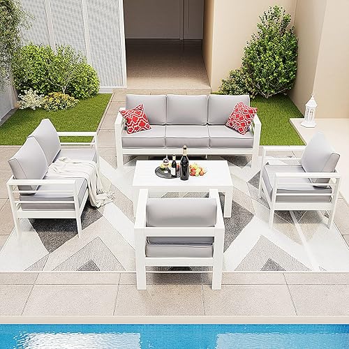 Amopatio Aluminum Patio Furniture Set, 8 Pieces Modern Patio Conversation Sets, Outdoor Sectional Metal Sofa with Cushion and Coffee Table for Balcony, Garden, White (Included Waterproof Covers)