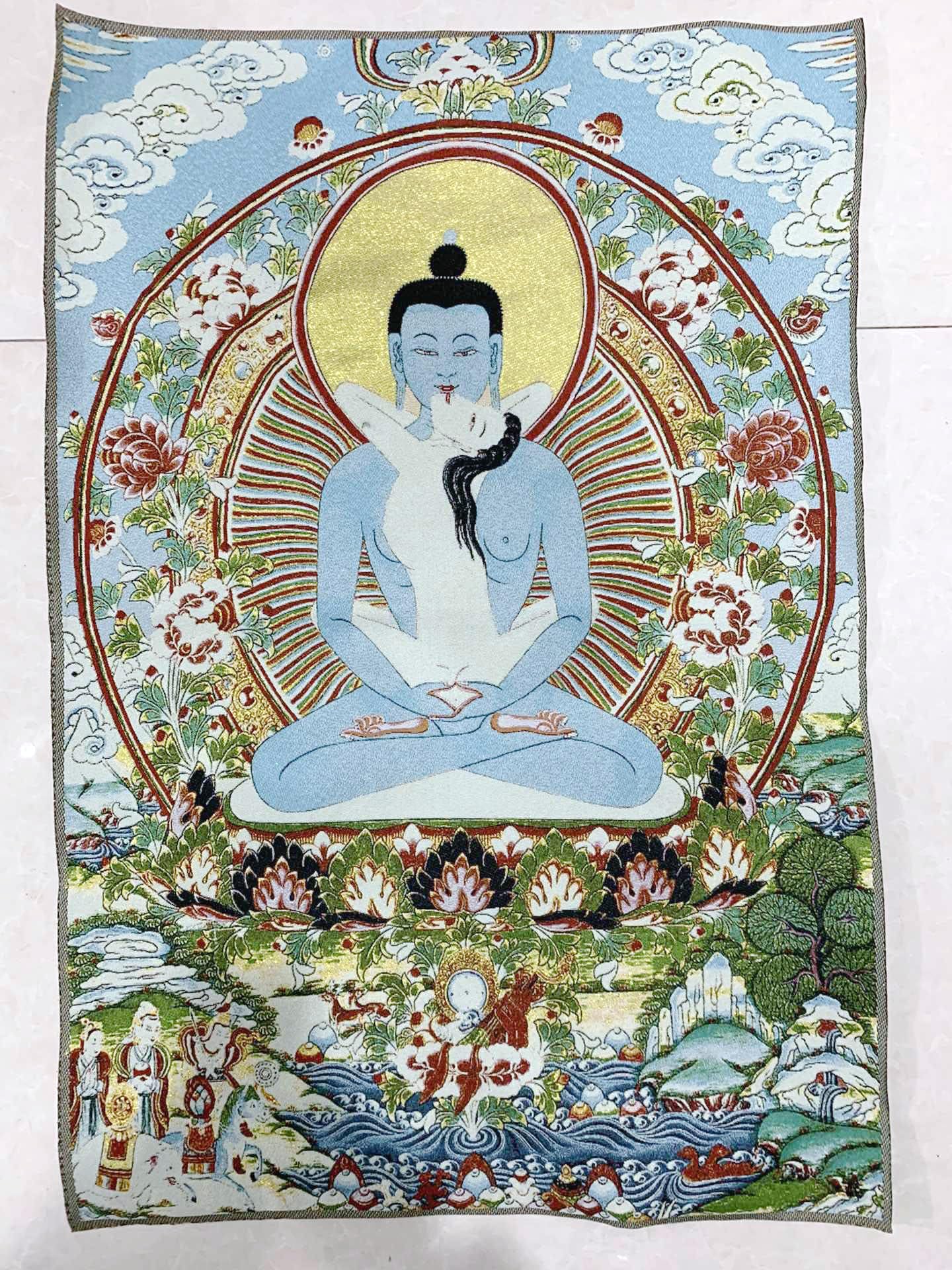 Thangka jedwabny haft buddyzm tybetański Samantabhadra budda Fengshui tangka wiszące na ścianie do wystroju domu gobelin medytacja