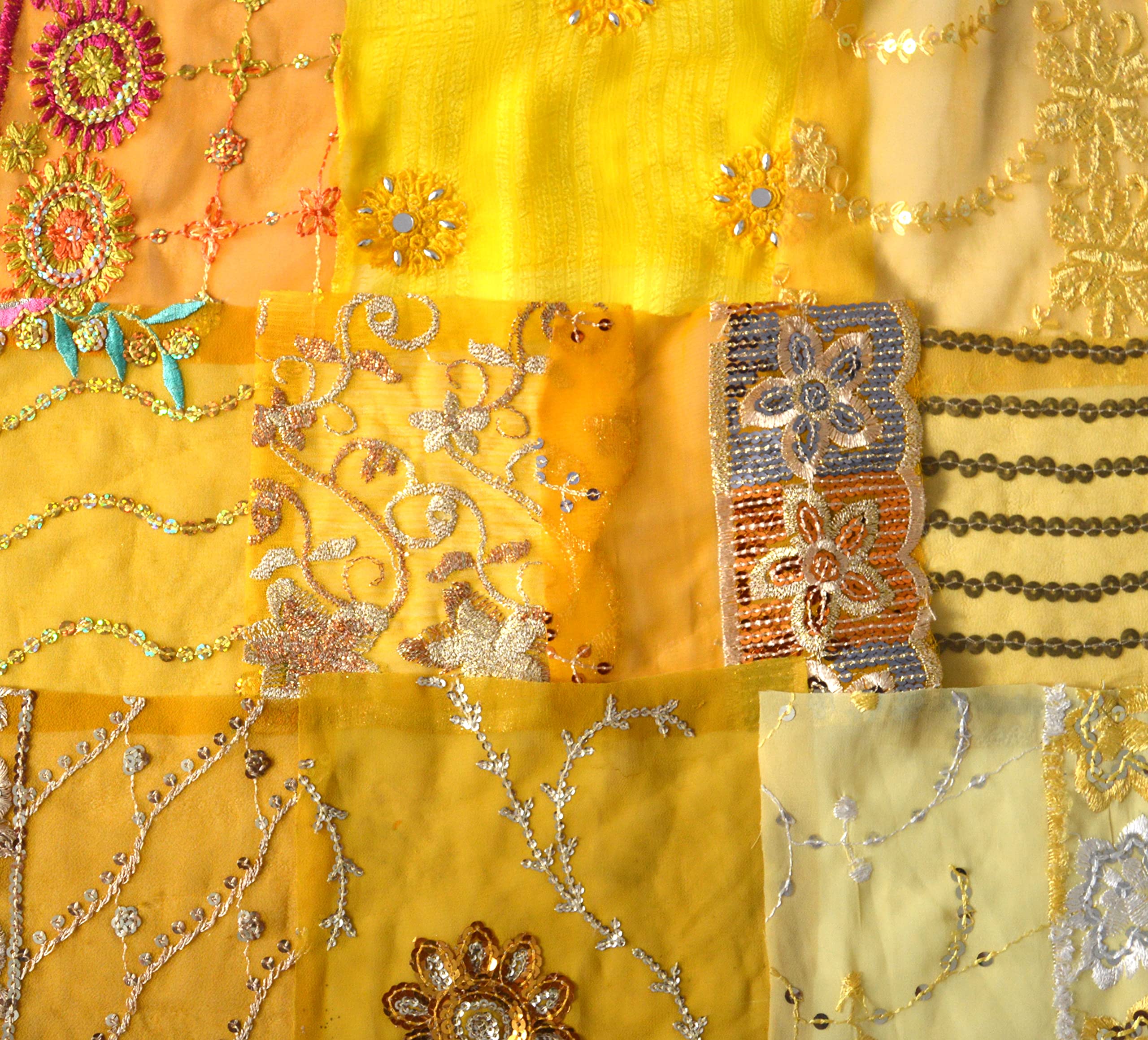 Yellow Ochre Assorted Embellished Sari Fabric Remnants Scraps - 10 Pieces (Yellow)