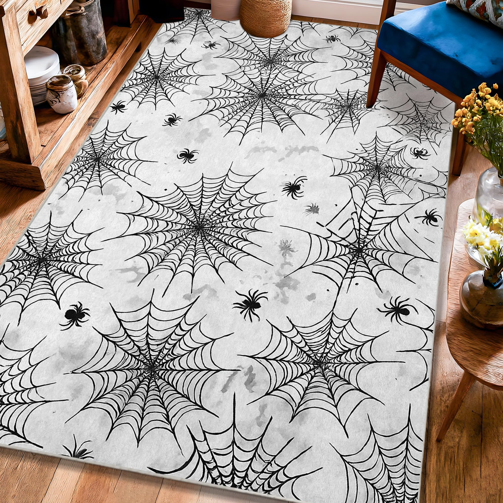 Tapis d'araignée noir à poils courts pour tapis de sol de salon rectangulaire