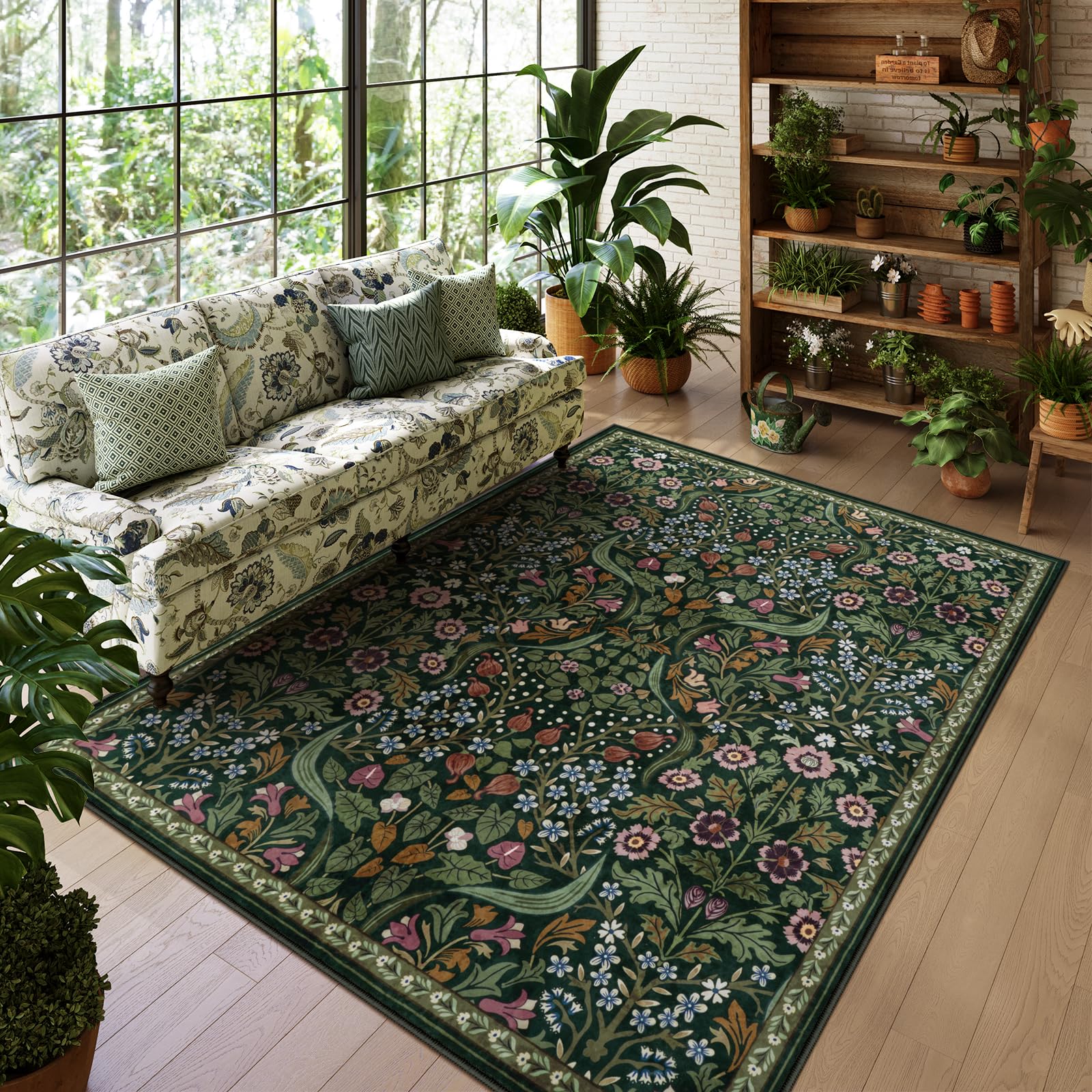 Lahome Green Floral 5x7 Rug, Washable Botanical Area Rug for Living Room, Soft Low Pile Vintage Cottagecore Flower Carpet for Nursery, Bedroom, Dining Room, Reading Room