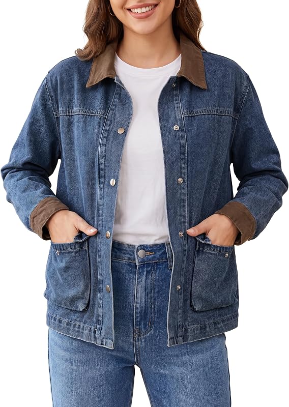 campera vaquera extragrande EMMIOL para mujer, campera vaquera delantera de corte holgado | Corte holgado vintage, cuello vaquero, dos bolsillos delanteros, campera vaquera extragrande, trajes casuales de otoño,regreso a la escuela