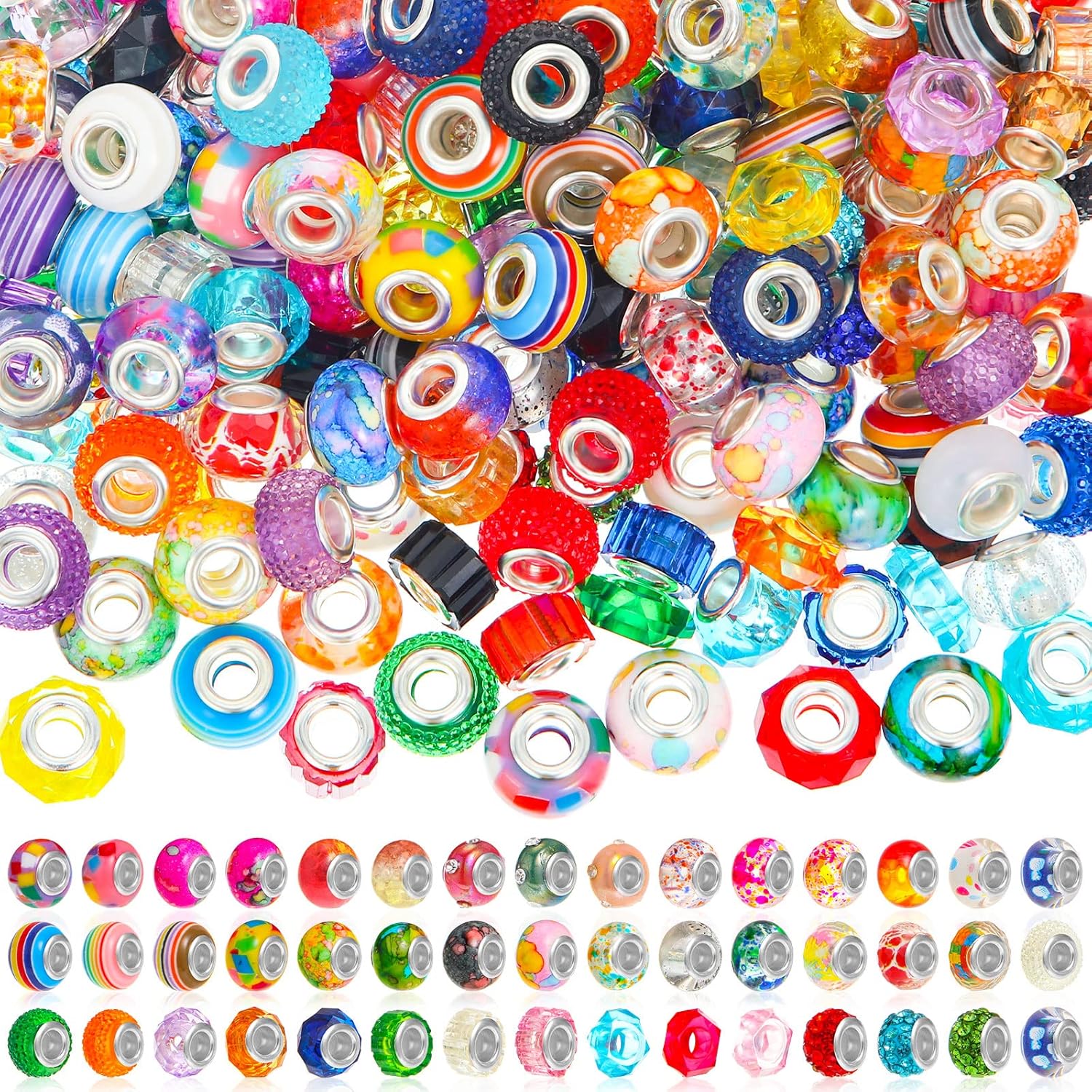 Crowye 400 Pieces Large Hole Beads Bulk European Craft Beads Large Hole Beads for Jewelry Making 10 mm/ 0.47 Inches Mixed Color Resin Beads for DIY Bracelet Necklace(Vivid)