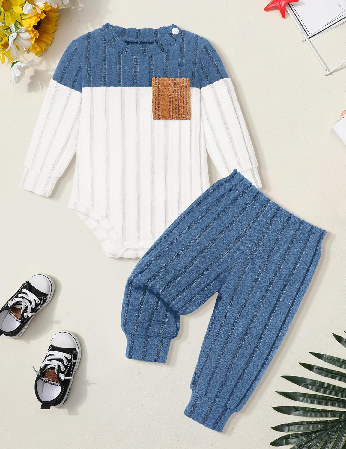 Baby Boy Clothes Color Block Ribbed Knitted Outfits Long Sleeve Romper+ Pants 2PCS Outfit 0-12 Months - Image 5
