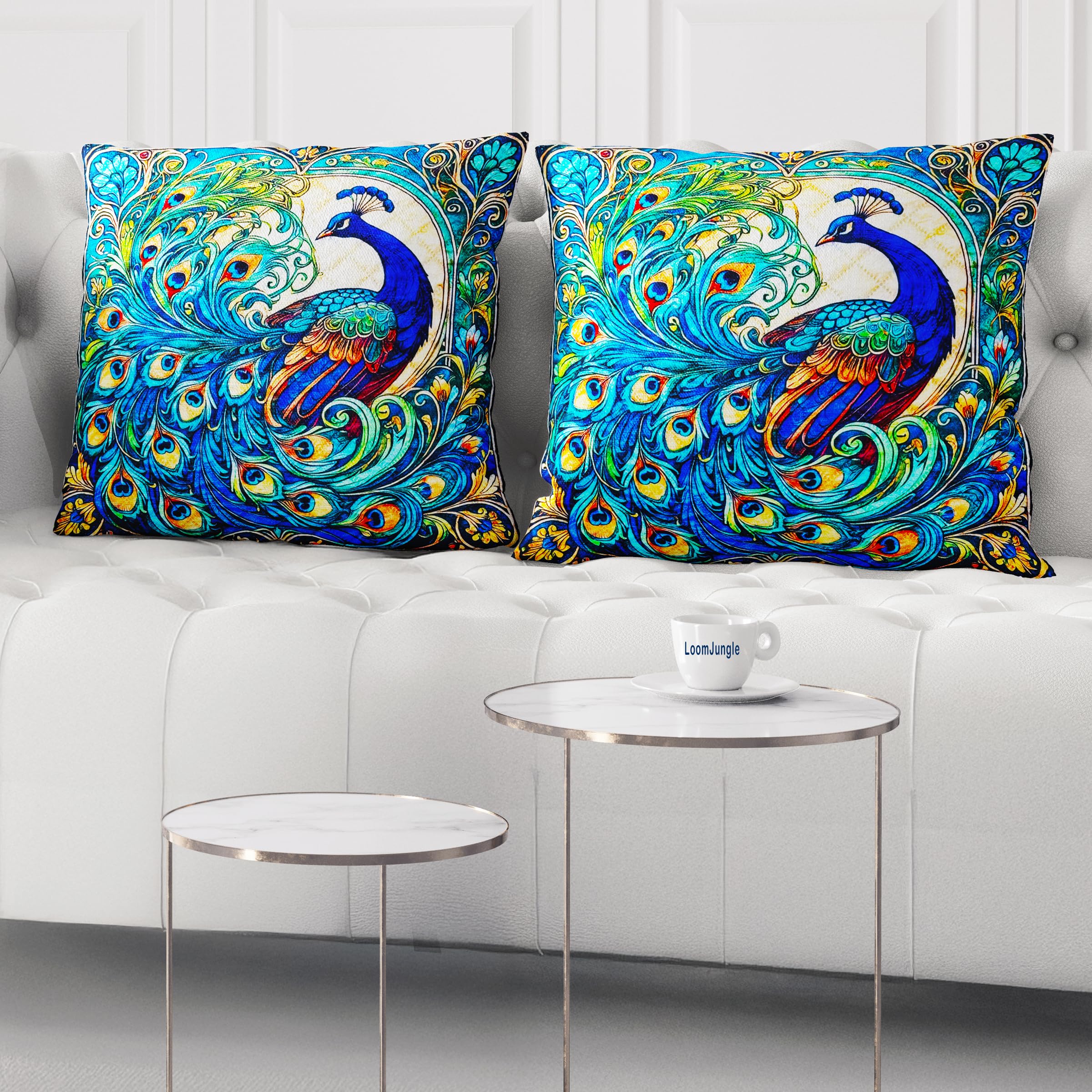 Set of 2 Peacock Printed Cushion Covers 16x16 Inch | Quilted Ethnic Indian Art Throw Pillow Cover for Chair & Diwan | Machine Washable | Living Room Home Decor Takiya Cover-image-20