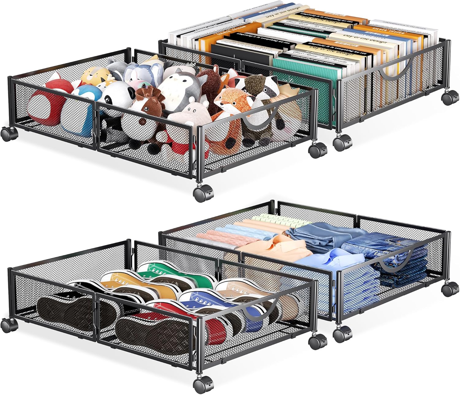 Yecaye Almacenamiento debajo de la cama con ruedas, paquete de 4 cajones organizadores de almacenamiento de zapatos debajo de la cama, sin