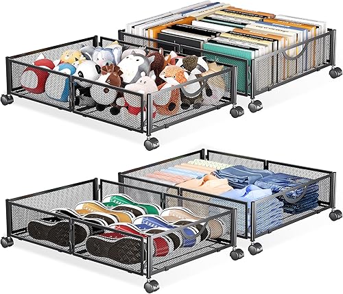 Yecaye Almacenamiento debajo de la cama con ruedas, paquete de 4 cajones organizadores de almacenamiento de zapatos debajo de la cama, sin