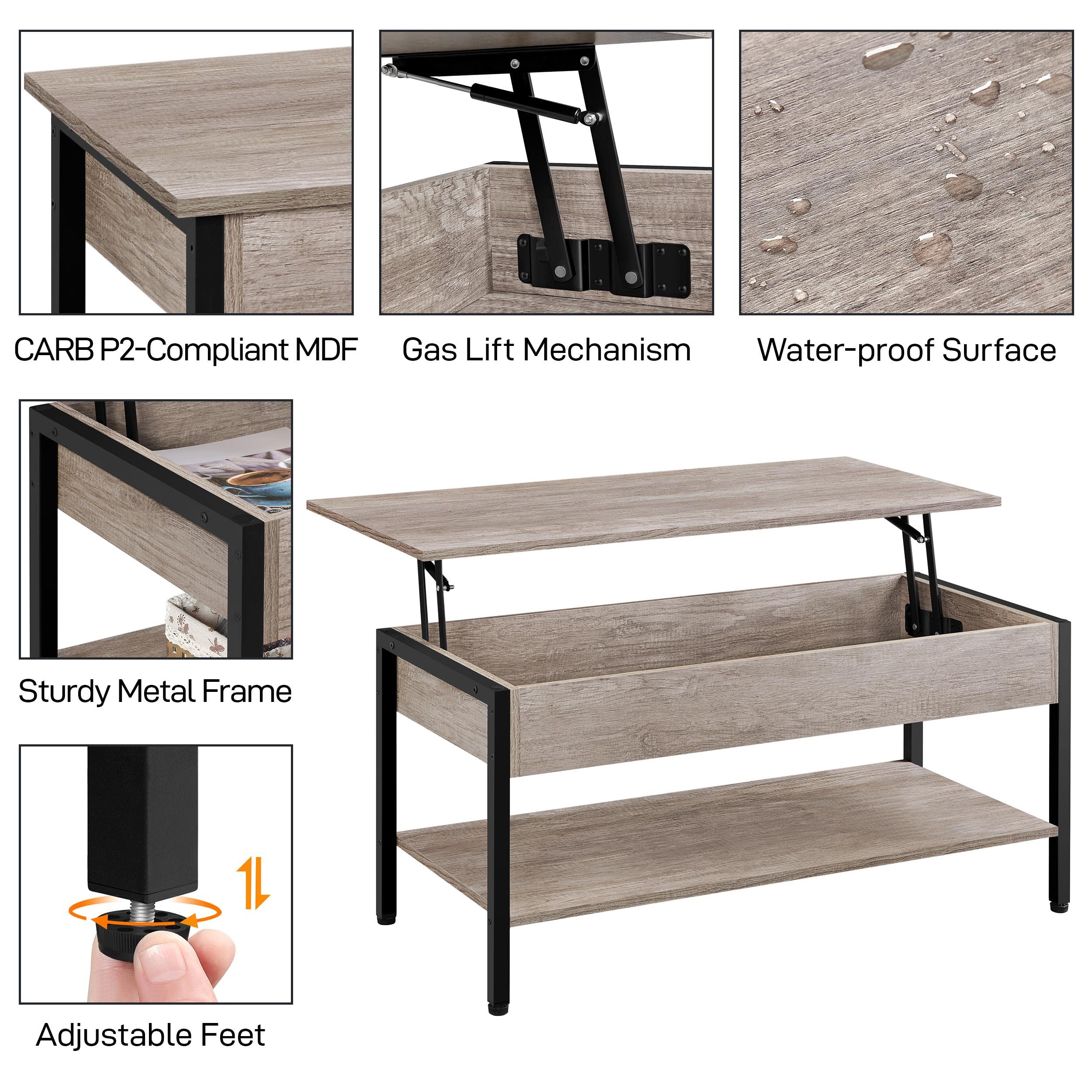 Yaheetech Mesa de Centro Elevable con Mecanismo 104,5x49,5X(47-62) cm | Hidráulico Diseño Industrial de Doble Nivel Mesa Baja de Industrial para Sofa Salon Gris