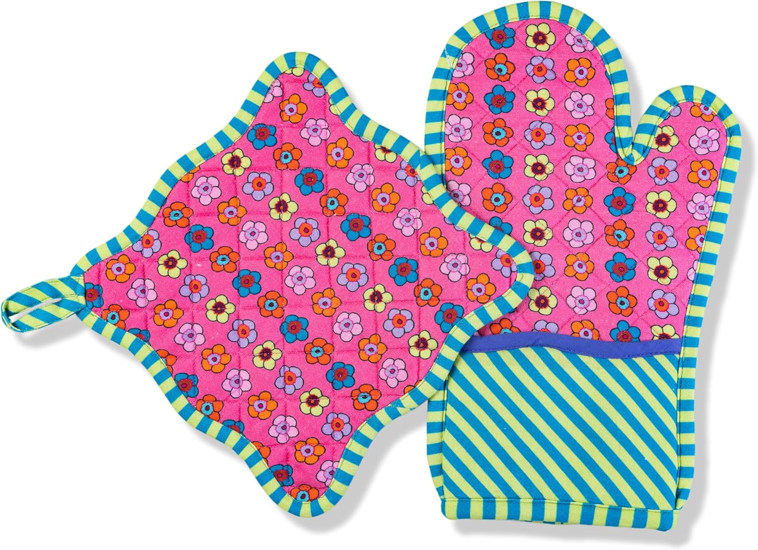 Furbish Floral Oven Mitt & Pot Holder Set - 100% Quilted Cotton Kitchen Mitten & Hot Pad, Heat Resistant with Loop for Cooking & Baking, 12”x7” / 9”x9” - Light Pink