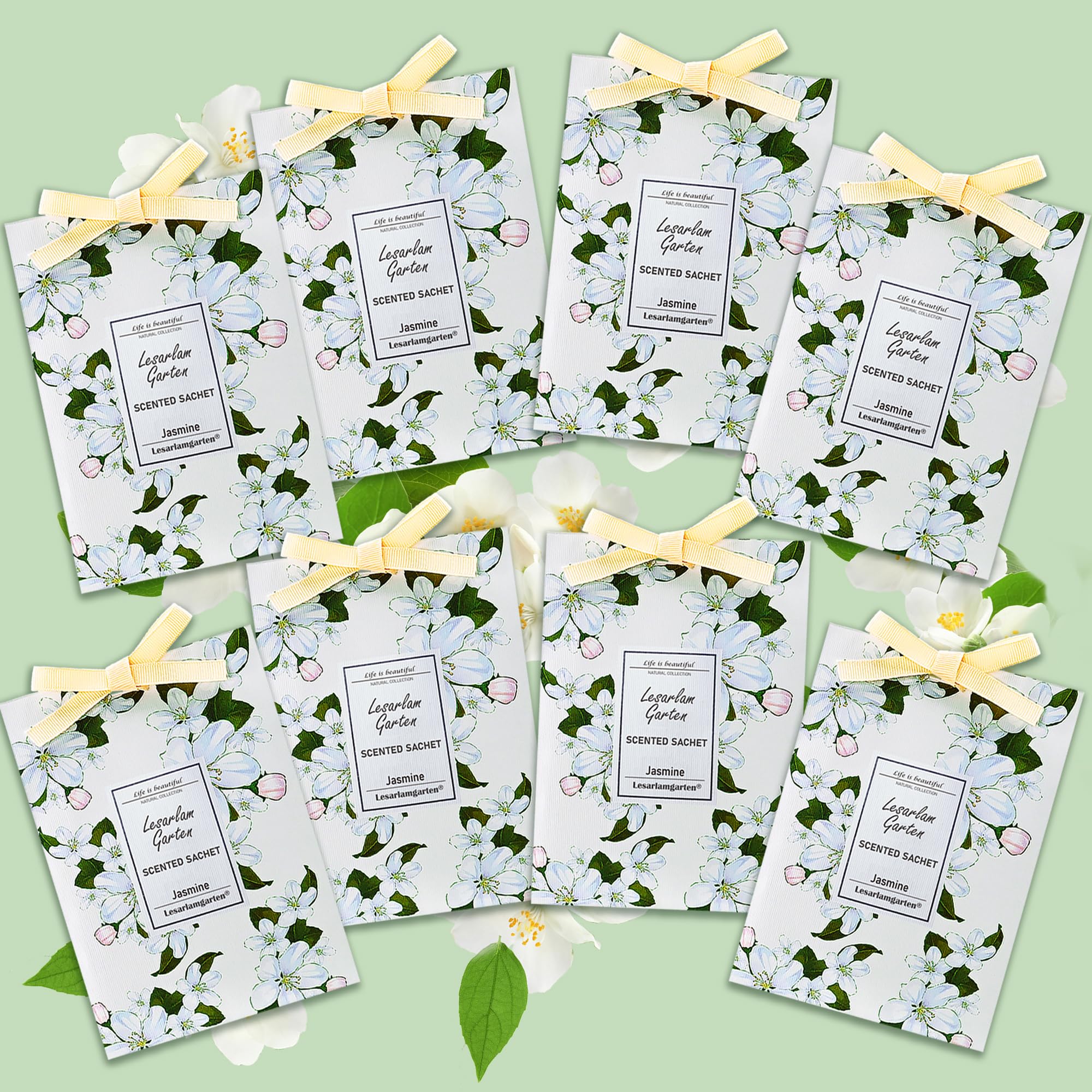 Jasmine Scented Sachets, Wardrobe Fresheners, Fragrance Bags for Moths, Drawers, Closets, Office, Bedroom, Bathrooms, Living Room, Cars, Sports Bag - 8 bags of jasmine fragrance