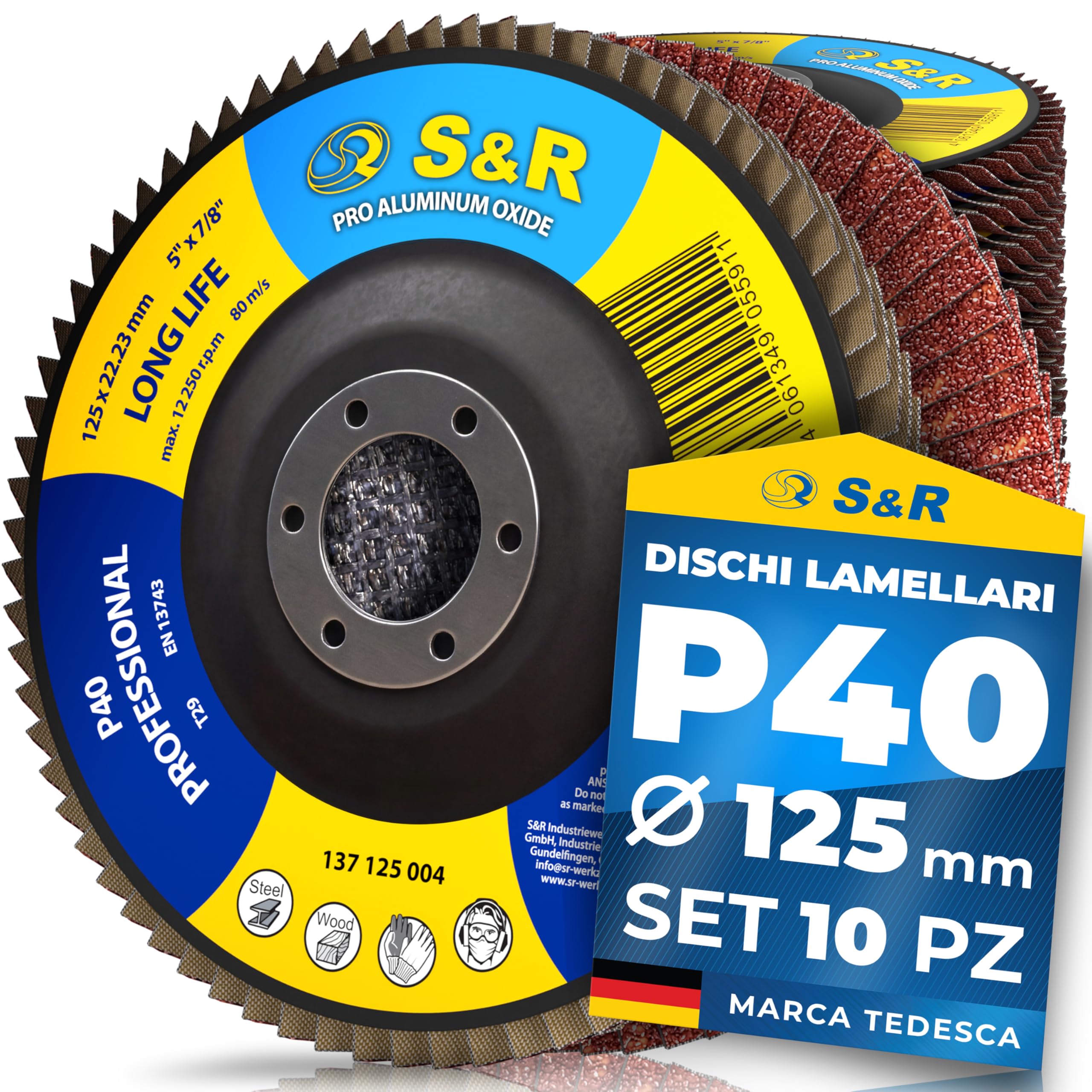 S&R 10 Dischi Lamellari 125x22,23 mm. Disco Abrasivo 125mm Grana 40 per Smerigliatrice. Disco Lamellare 125 – Ossido di Alluminio T29, Grana P40