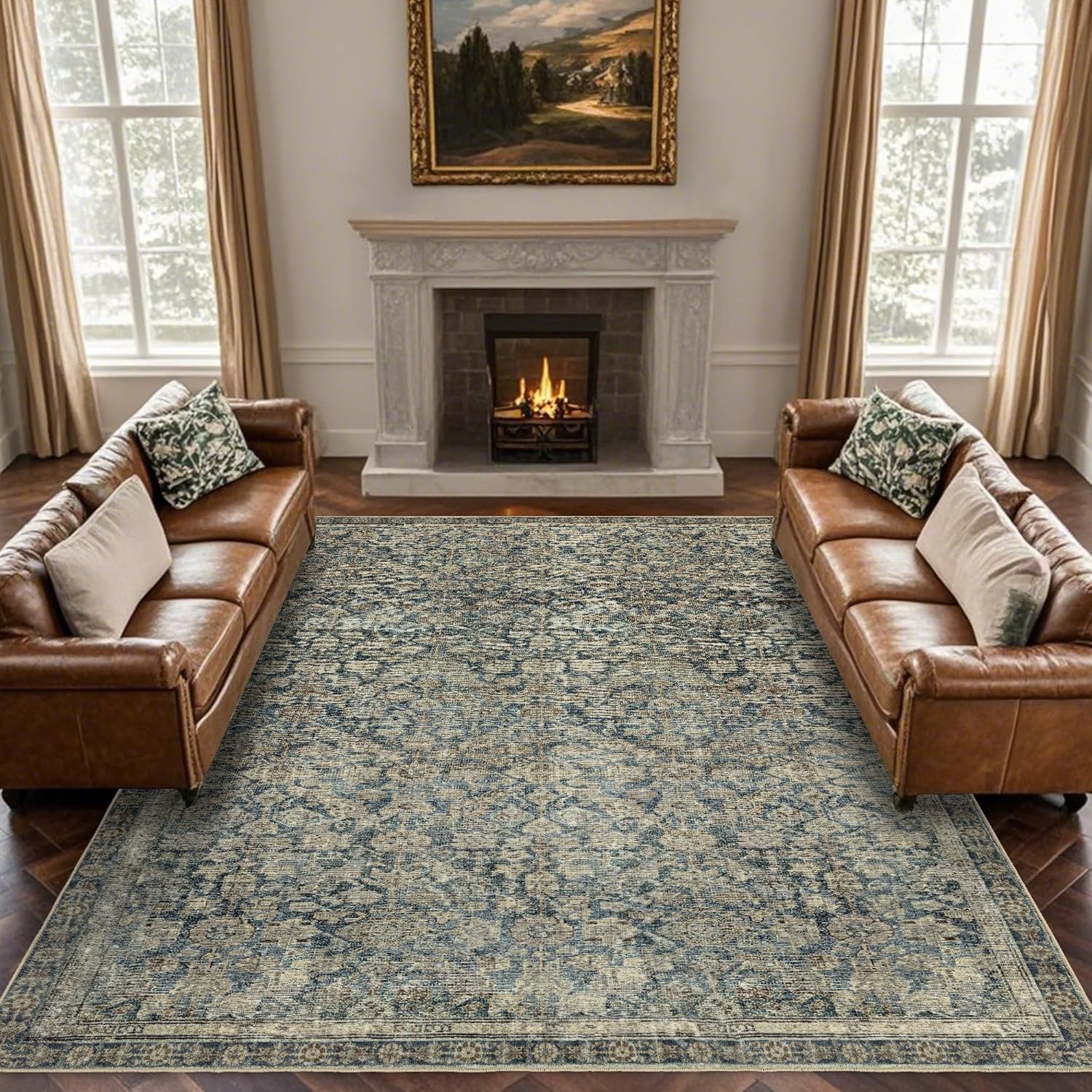 (similar to stock photo) 8x10 area rugs washable: oriental soft area rug for living room bedroom no shedding - low pile thin carpet rug for dining room non slip - boho vintage rug for home decor - antique teal antique teal 8' x 10' (rectangular)