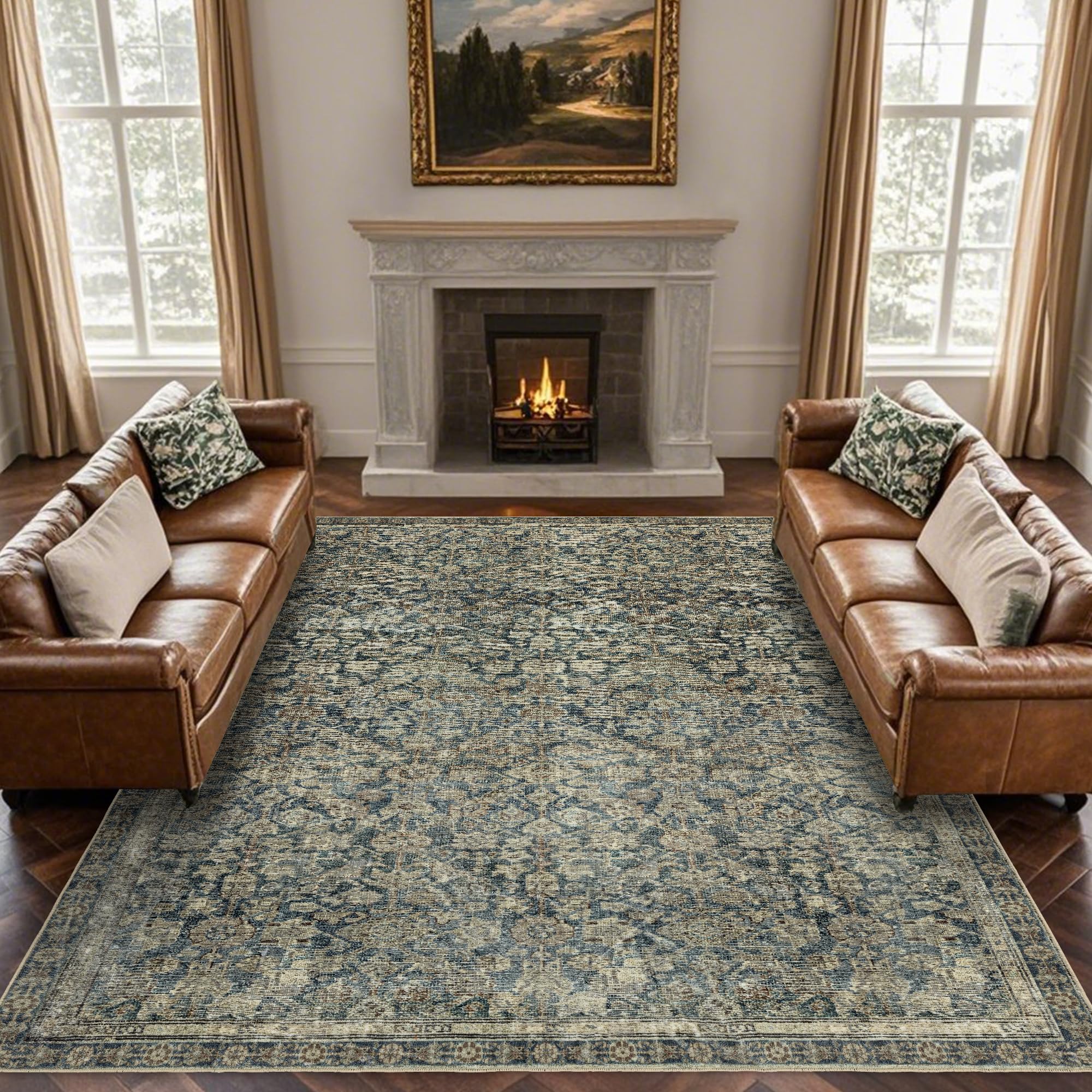 Brevonox 10x14 Area Rugs Washable: Boho Vintage Soft Area Rug for Living Room Bedroom No Shedding - Oriental Low Pile Thin Carpet Rug for Dining Room