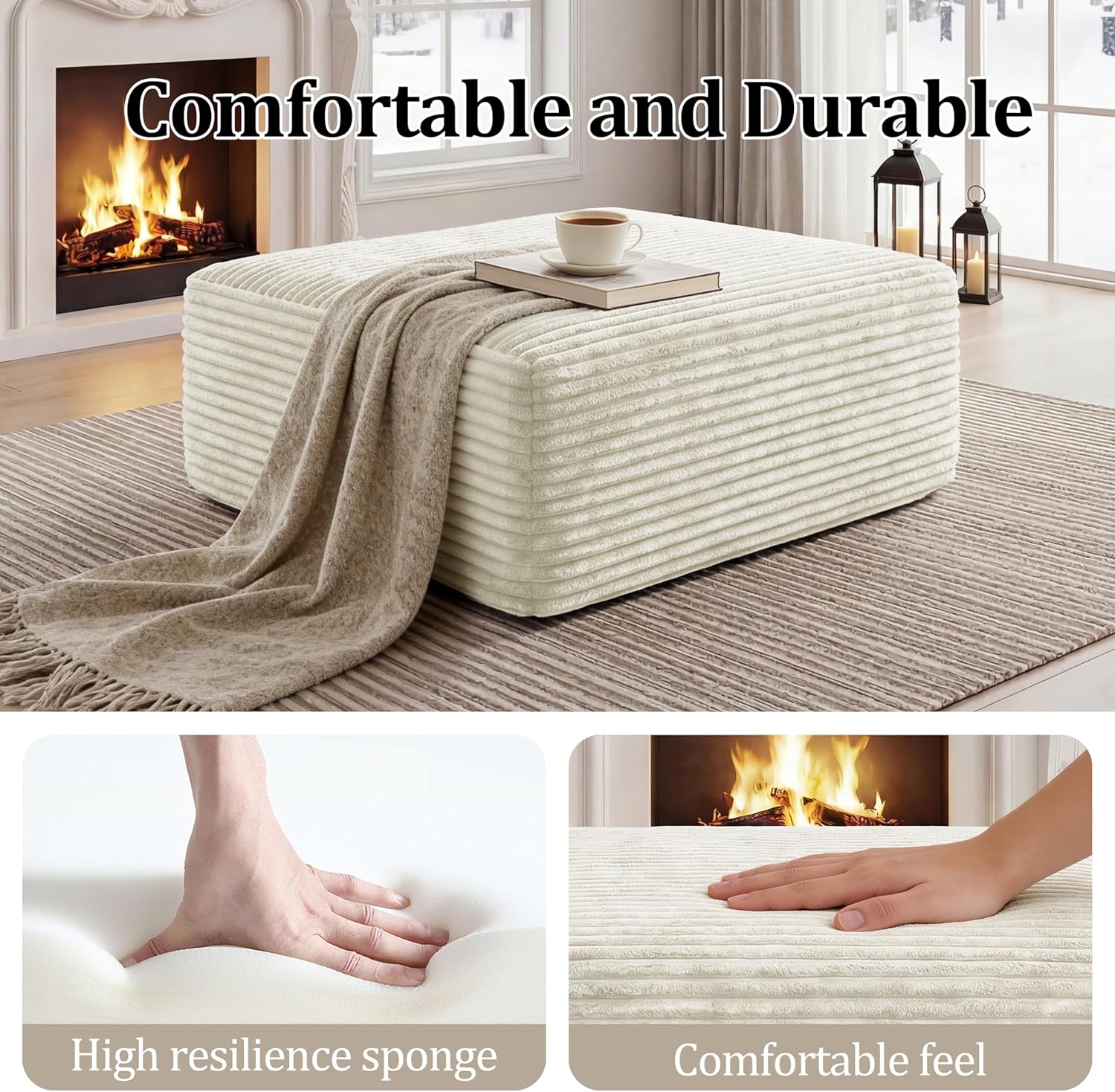 Corduroy Ottoman, Modern Boneless Cloud Foot Rest Foam Support, Oversized Modular Sectional Sofa Stool for Living Room, Bedroom & Small Spaces, No Assembly Required(Beige, Ottoman) | Foam Support, Living Room Bedroom, No Assembly Required