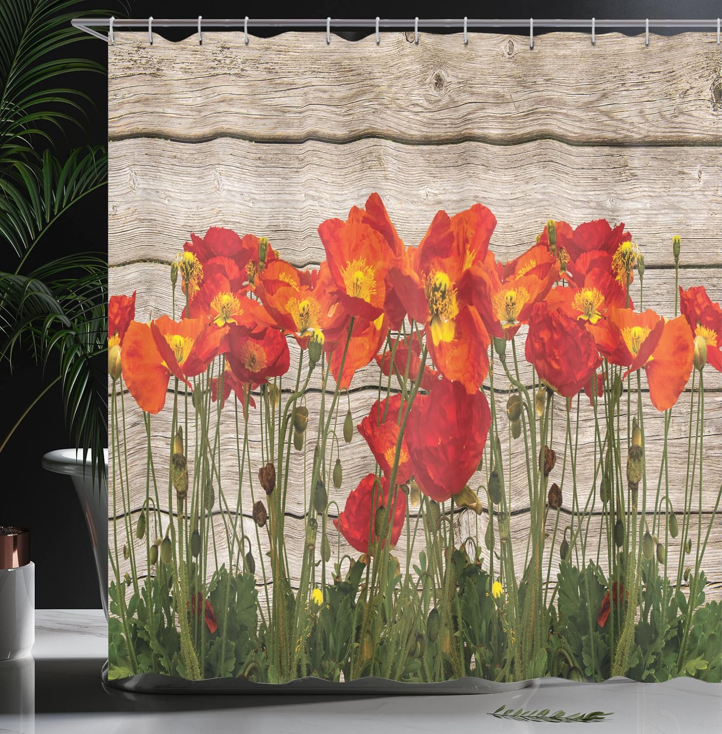 Ambesonne Rustic Shower Curtain, Close Line of Poppy Petals Field Meadow Summer Holiday Sun Plant Floral Theme, Cloth Fabric Bathroom Decor Set with Hooks, 69" W x 70" L, Orange Brown