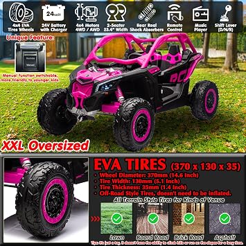 sopbost 24 Volt Licensed BRP CAN-AM Maverick X3 Kids UTV 2 Seater 23.4 Width Ride On Toy Car with Remote Control 4WD Off-Road Buggy SxS Electric Vehicle, EVA Tires Wheels, Music Play, Hot Pink