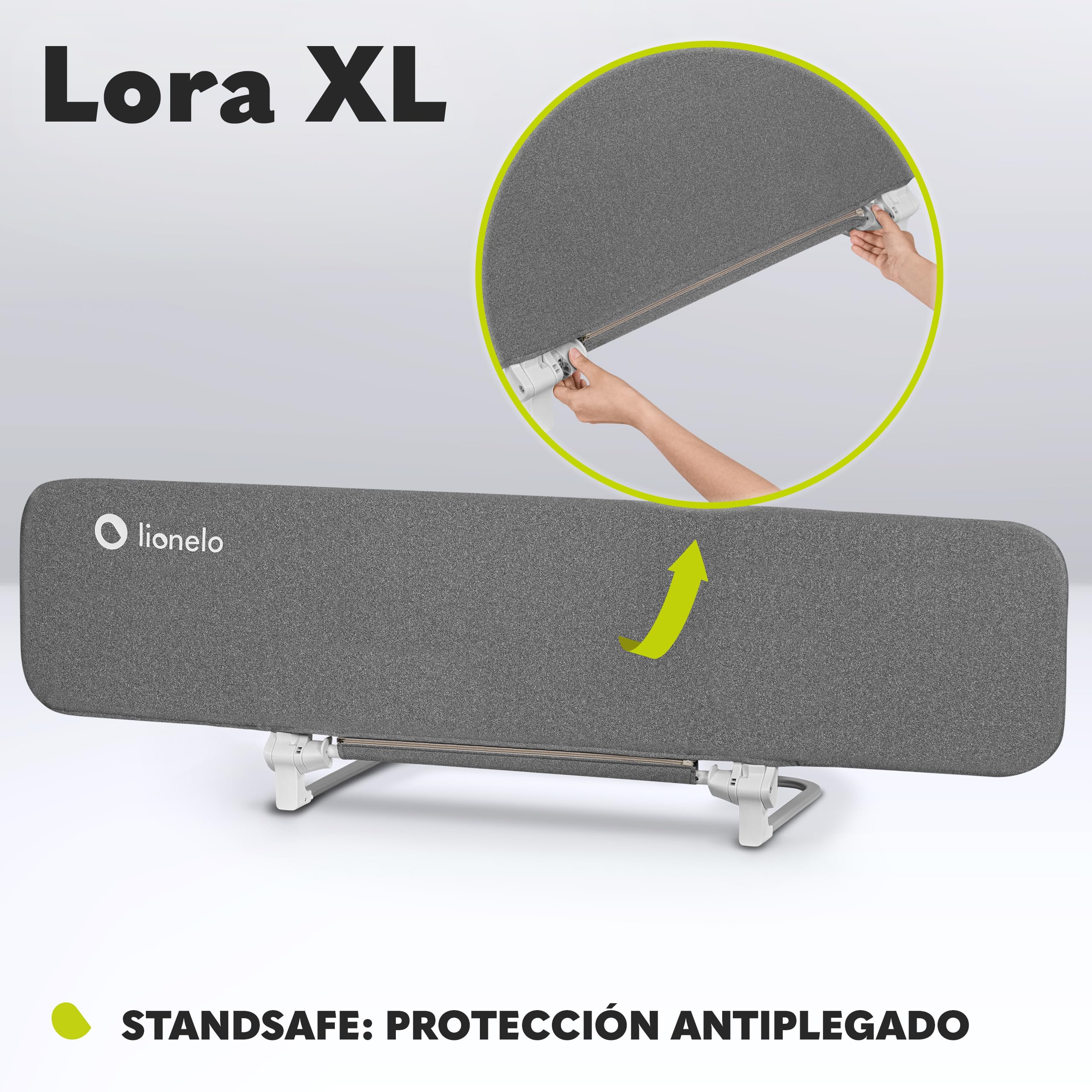 lionelo Lora XL Barrera portátil para Cama de bebé 45x150 cm inclinación Ajustable hasta 180°, Barrera Plegable para Cama de bebé, Mecanismo de Bloqueo StandSafe, Dispositivo antivuelco