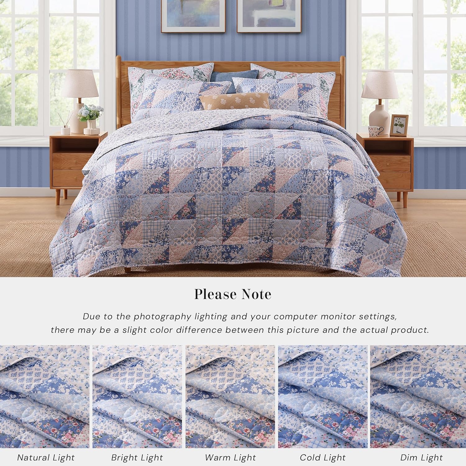 Quilt Set Queen Size, Patchwork Blue Pink Marigold Floral Quilt Sets, Reversible Bedspread Lightweight and Breathable for All Seasons, Soft Quilted Bedspread with 2 Pillow Shams - Image 9