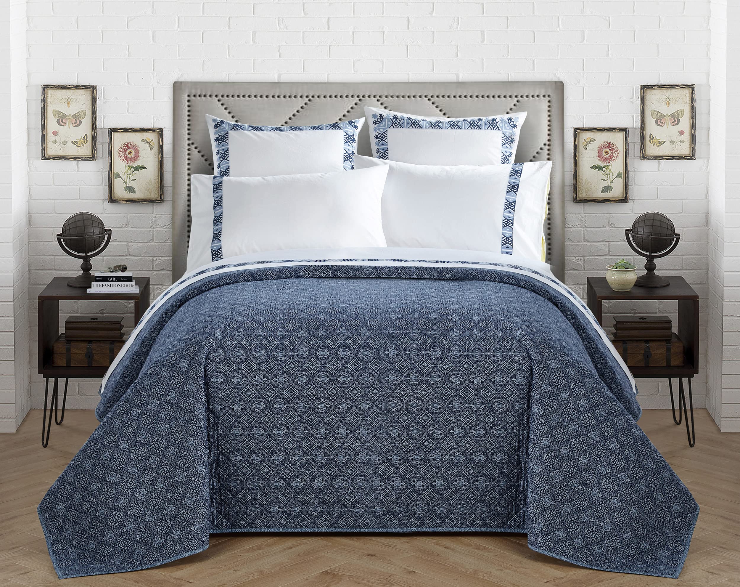 Juego de edredón Sarita Garden de 100% algodón premium color azul para cama matrimonial