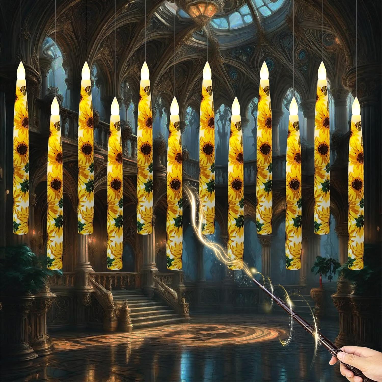 12PCS Floral Flameless Taper Candle Sunflower LED Magic Hanging Candlestick Floating Candles with Remote Timer Battery Operated Taper Candles with Flowers for Home Wedding Garden Party Decor