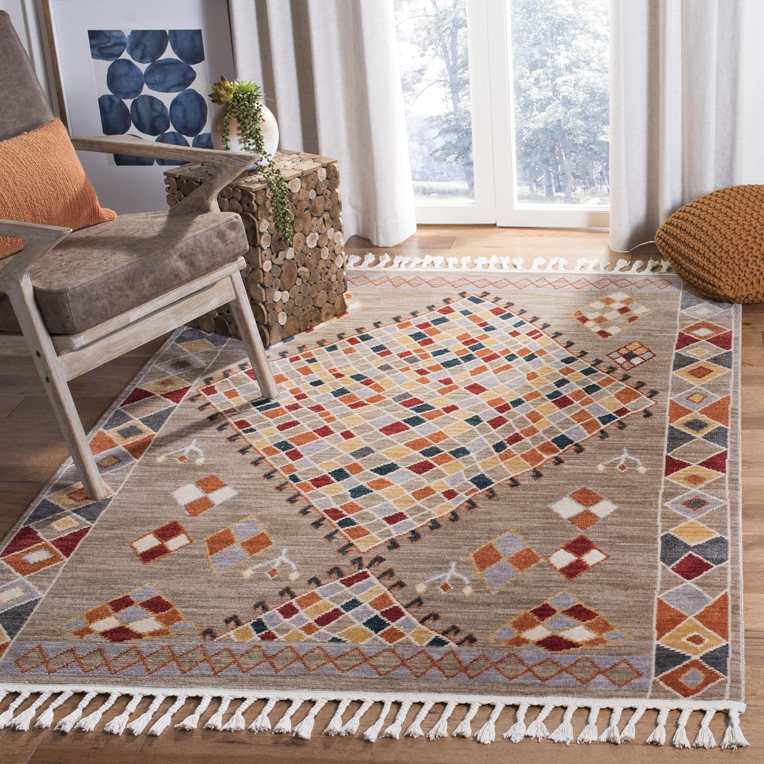 SAFAVIEH Area Rug 8x10 - Farmhouse Collection - Large - Taupe & Navy, Boho Moroccan Tribal Tassel Design, Non-Shedding & Easy Cleaning, Ideal for Living Room, Bedroom, Office, Dining Space (FMH852E)
