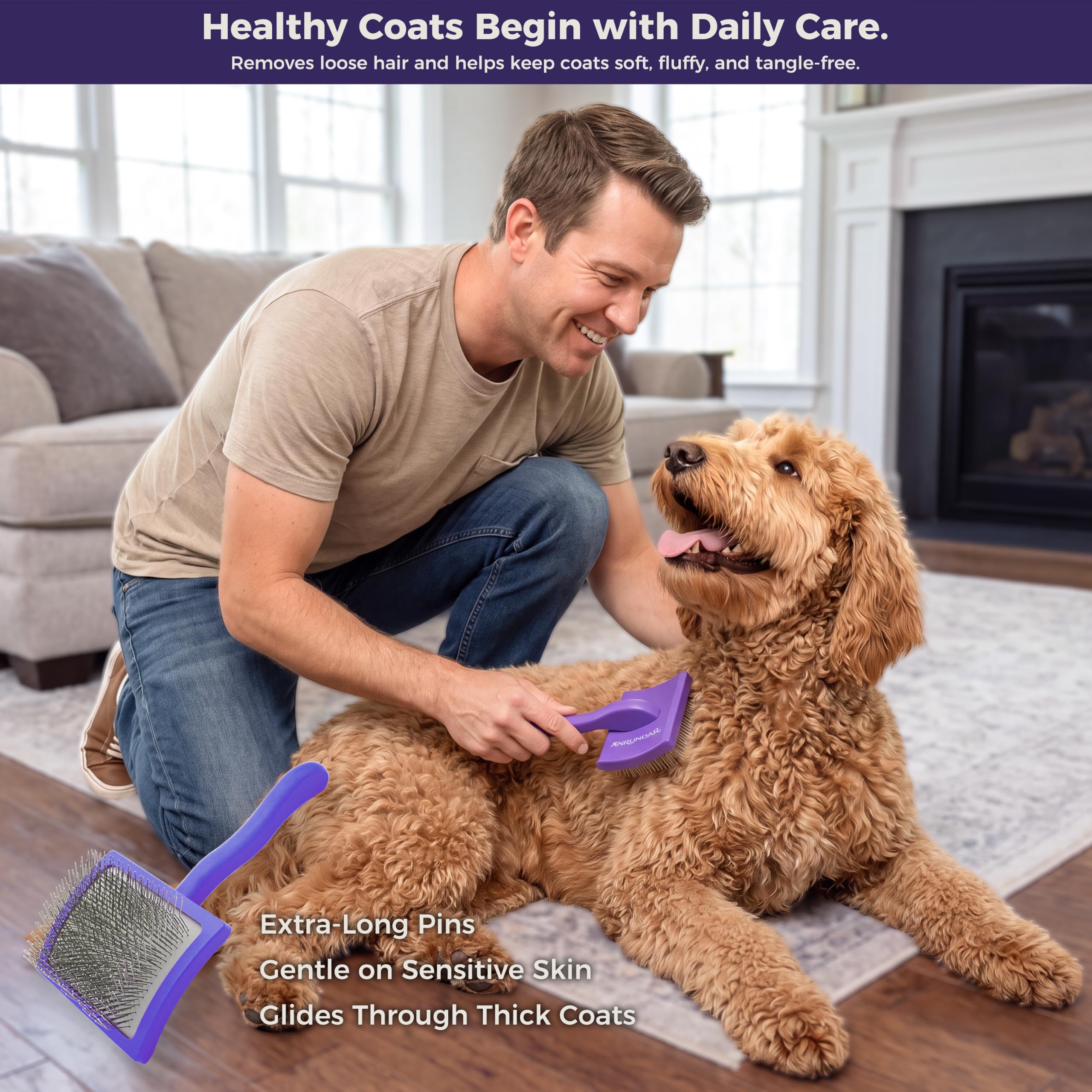 Kit de aseo para perros con cepillo para perros, rastrillo de capa inferior, cepillo de baño, peine de metal y peine para pulgas, herramientas profesionales para Goldendoodles, caniches