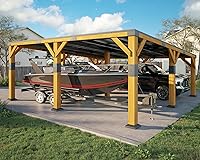 Vista 10 de Jocisland Cochera de madera de cedro de 10 x 12 x 8 pies, toldo resistente con techo de acero galvanizado inclinado para todo tipo de clima, refugio